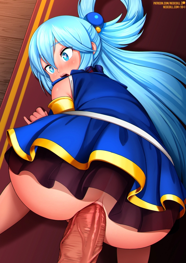 1boy, 1girls, anal, anal sex, anus, aqua (konosuba), ass, blush, erection, female, heart-shaped pupils, kono subarashii sekai ni shukufuku wo!, light skin, light-skinned male, male, neocoill, penetration, penis, pussy, satou kazuma, sex, straight