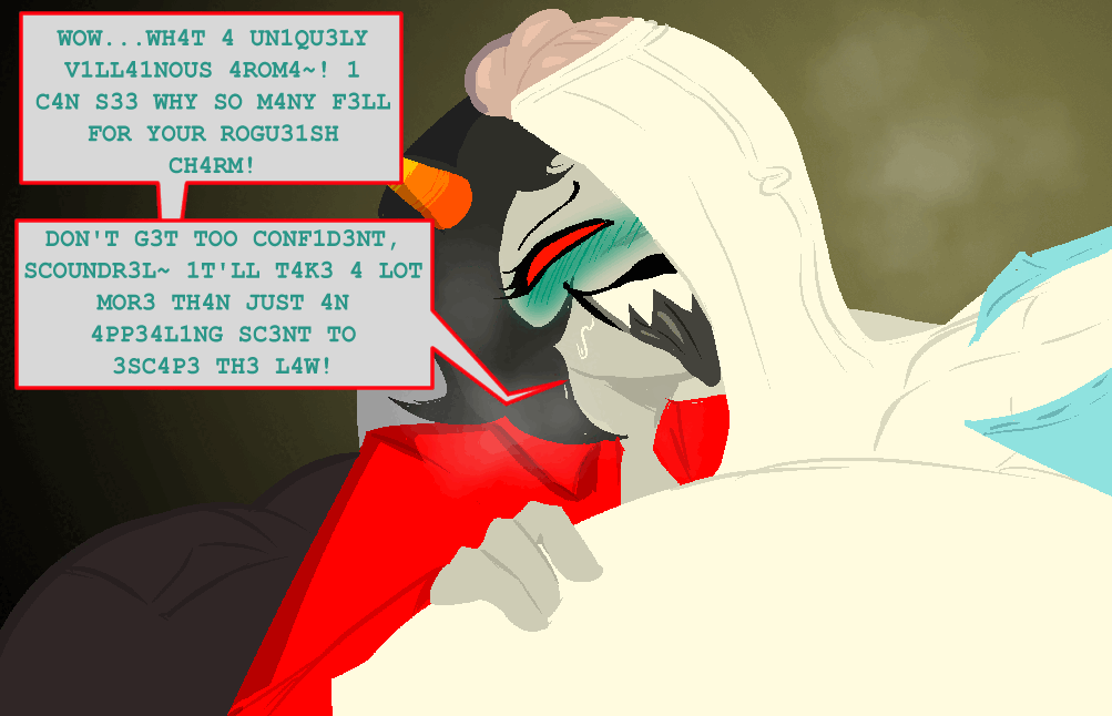 animated, big penis, blushing, dialogue, gif, homestuck, huge cock, itsjustsarco, john egbert, terezi pyrope, tongue, tongue out