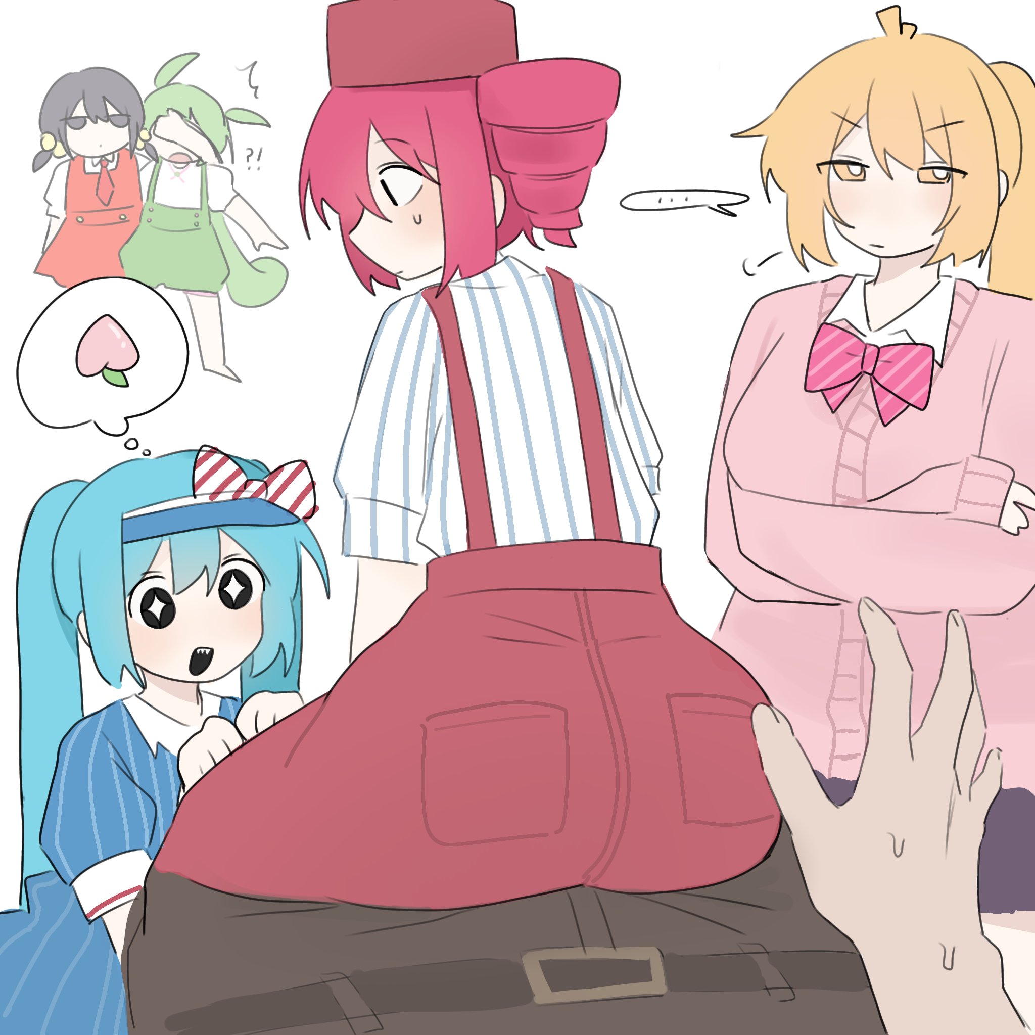 1boy, 2d, 2d (artwork), 5girls, akita neru, ass, ass focus, ass on crotch, big ass, big thighs, black hair, blazer, blouse, bow, bubble butt, ccitrus0, clothed, clothed female, clothed male, clothing, curvaceous, curvy, curvy female, curvy figure, fanloid, female, fully clothed, green hair, hat, hatsune miku, high waisted pants, high-waist pants, hips wider than shoulders, huge ass, hypnosis, hypnotized, kaai yuki, kasane teto, large ass, large thighs, male, male pov, mesmerized, mesmerizer (vocaloid), mesmerizer miku, mesmerizer teto, multiple girls, mv character, nervous, nervous female, nervous male, open mouth, pants, peach, peach (fruit), peach ass, peach emoji, red eyes, red hair, round ass, school uniform, schoolgirl, sharp teeth, shirt, simple background, sitting, sitting on lap, sitting on penis, sitting on person, skirt, slim waist, sparkling eyes, striped shirt, suspenders, sweat, sweatdrop, sweating, synthesizer v, thick ass, thick thighs, thighs, tight clothing, tight pants, twin drills, utau, visor, visor cap, vocaloid, voicevox, waitress, waitress uniform, white background, wide hips, yellow eyes, yellow hair, zaako (vocaloid), zundamon