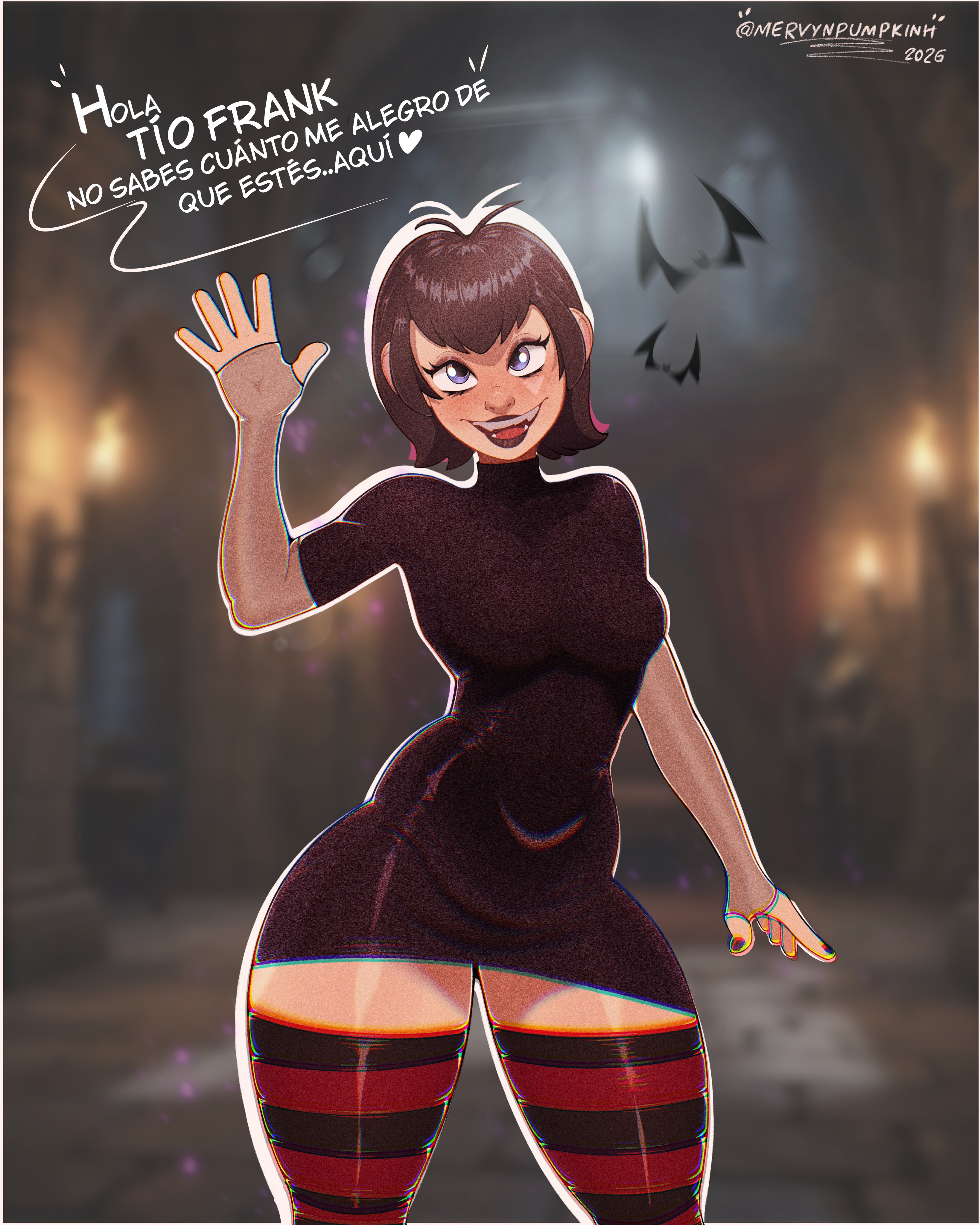 big breasts, big thighs, big titties, black hair, blue eyes, breasts, clothing, curvaceous, curvaceous female, curvaceous figure, curvy, curvy figure, female, female focus, female only, hotel transylvania, looking at viewer, mavis dracula, mervynpumpkinh, milf, no sex, rubber, short hair, solo, spanish text, text, thigh highs