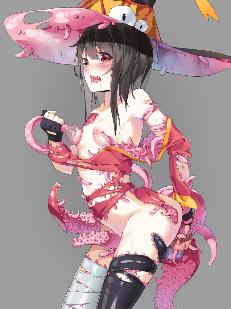 biosuit black_hair blush breasts female female_only ginklaga hat kono_subarashii_sekai_ni_shukufuku_wo! living_clothes megumin nipples open_mouth red_eyes saliva slq small_breasts solo tears tentacle tentacle_clothes witch_hat