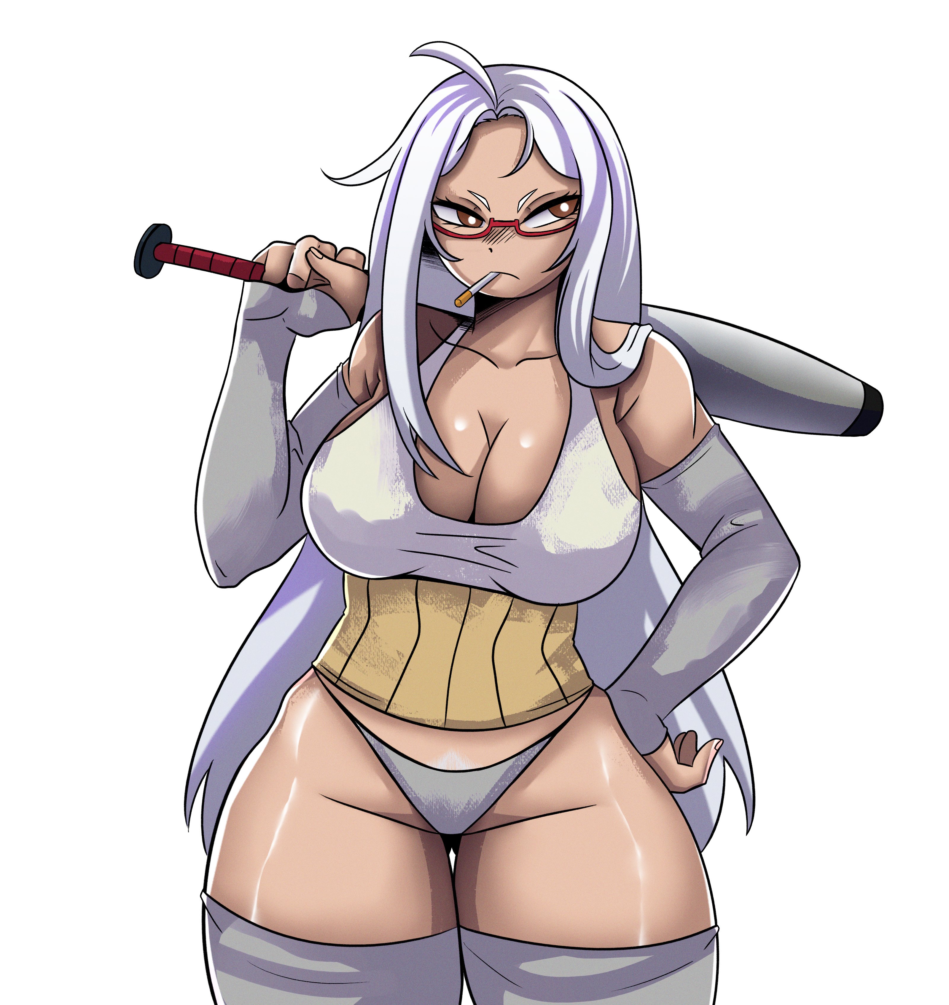 1female, 1girl, 1girls, ayase seiko, baseball bat, cigarette in mouth, dandadan, female, female focus, female only, glasses, hair down, older female, tagme (artist), thick thighs, underwear, white hair