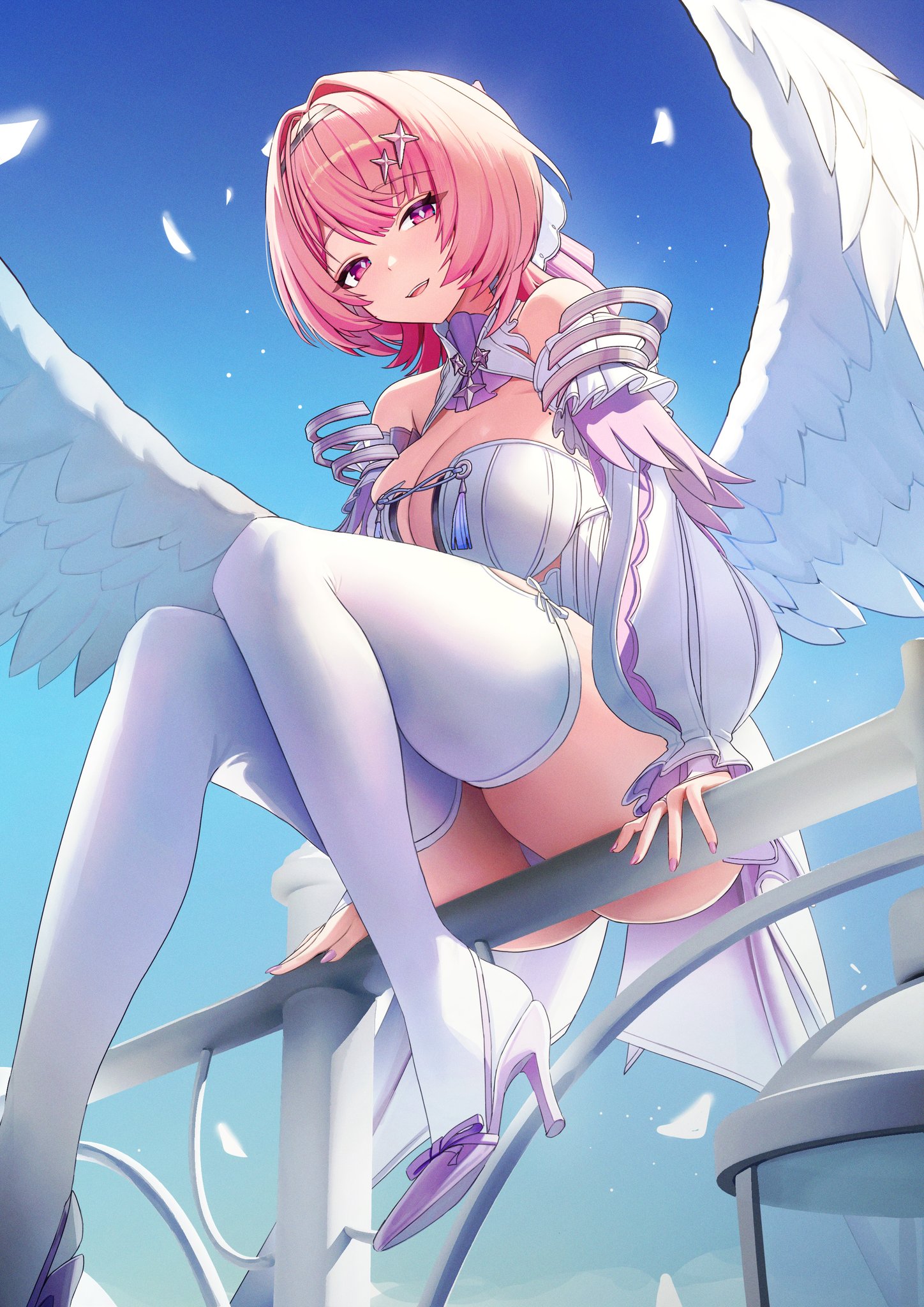1girls, big ass, big breasts, breasts, breasts out, colored nails, dress, exposed breasts, female, high heels, large breasts, long nails, painted nails, panties, pantyshot, pantyshot (sitting), pink hair, pink nails, purple eyes, remielle (zenless zone zero), remielle dan, short hair, thick thighs, underwear, white dress, white panties, white underwear, white wings, wings, zenless zone zero