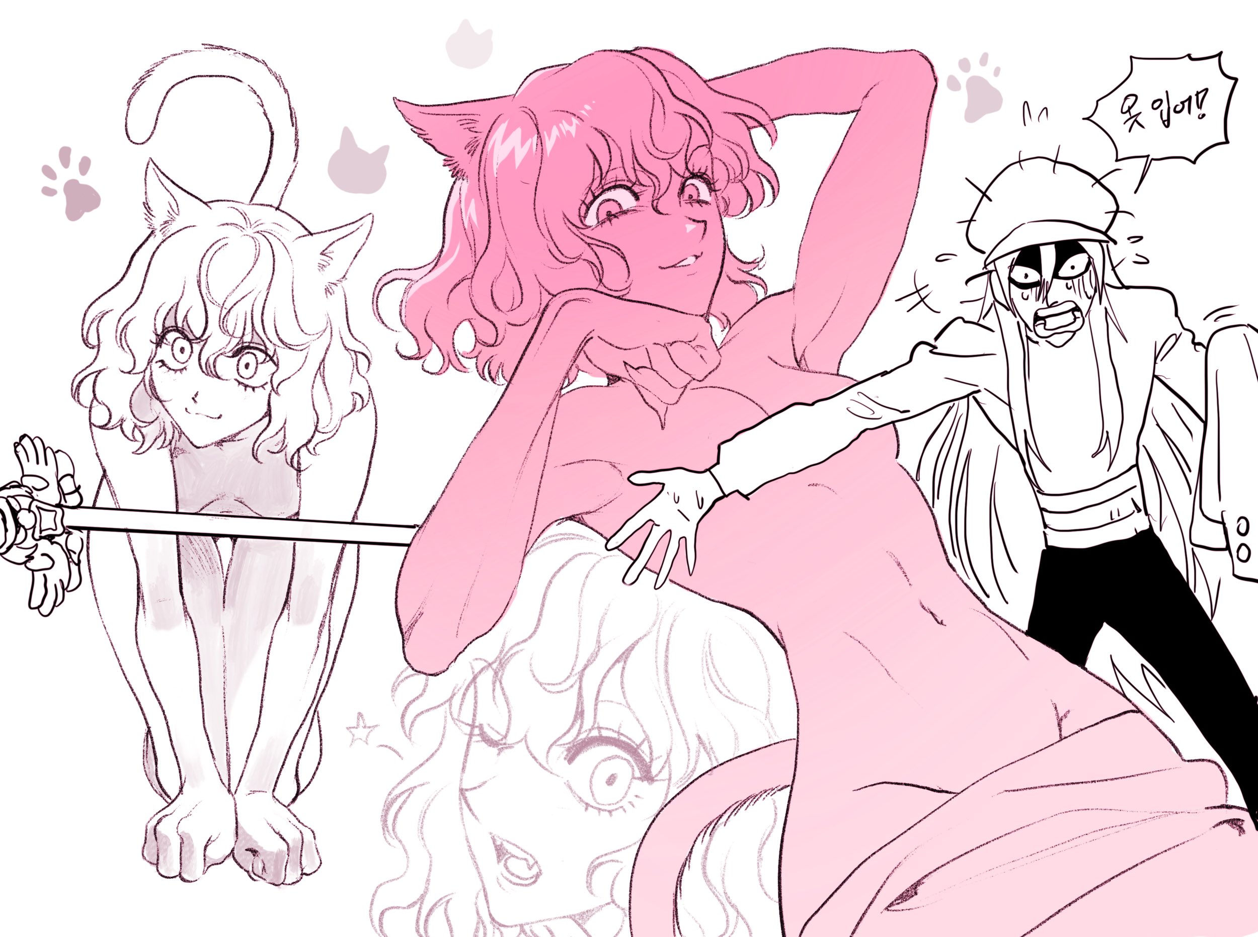 1boy, 1girls, artist request, cat ears, cat girl, cat tail, catgirl, convenient censoring, female, female focus, hunter x hunter, kite (hunter x hunter), neferpitou, nude female, shonen jump, tagme (artist)