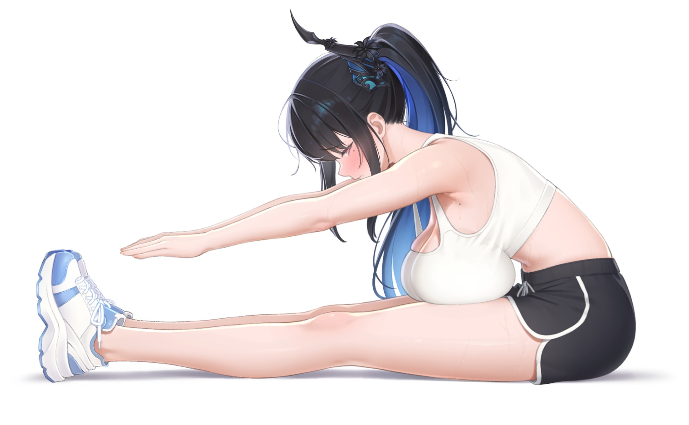 1girls, armpit peek, beauty mark, beauty mark on breasts, beauty mark under eye, big breasts, black hair, blue hair, blush, blushing, breasts, breasts bigger than head, breasts in lap, cleavage, clothed, clothed female, demon girl, dolphin shorts, embarrassed, exercise, exercise clothing, eyebrows, eyebrows visible through hair, female, female focus, finger nails, flower on head, footwear, hair tied, heavy breasts, hololive, hololive english, hololive english -advent-, horns, huge breasts, inconvenient breasts, inner hair, laces, large breasts, legs, long hair, long legs, massive breasts, midriff, mole, mole on breast, navel, nerissa ravencroft, ponytail, prab, profile view, reaching out, red eyes, sagging breasts, shiny skin, shirt, shoes, shorts, side eye, side view, sideboob, simple background, sneakers, solo, solo focus, sports bra, stretched shirt, stretching, stretching shirt, sweat, sweating, sweaty armpit, sweaty body, thighs, tied shorts, virtual youtuber, white background, working out