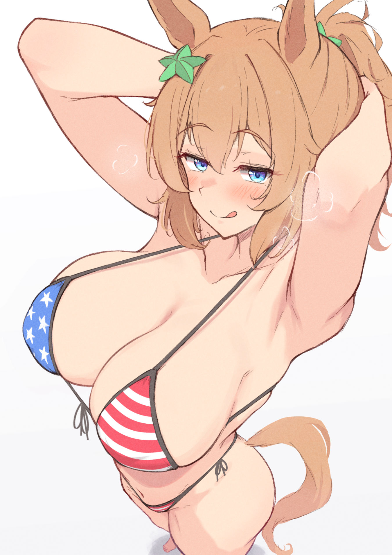 1girl, american flag bikini, bikini, blonde hair, blue eyes, cleavage, himuraanzu, horse ears, horse girl, horse tail, large breasts, long hair, looking at viewer, ponytail, seductive look, seductive smile, solo, taiki shuttle (umamusume), tongue out, umamusume, umamusume pretty derby