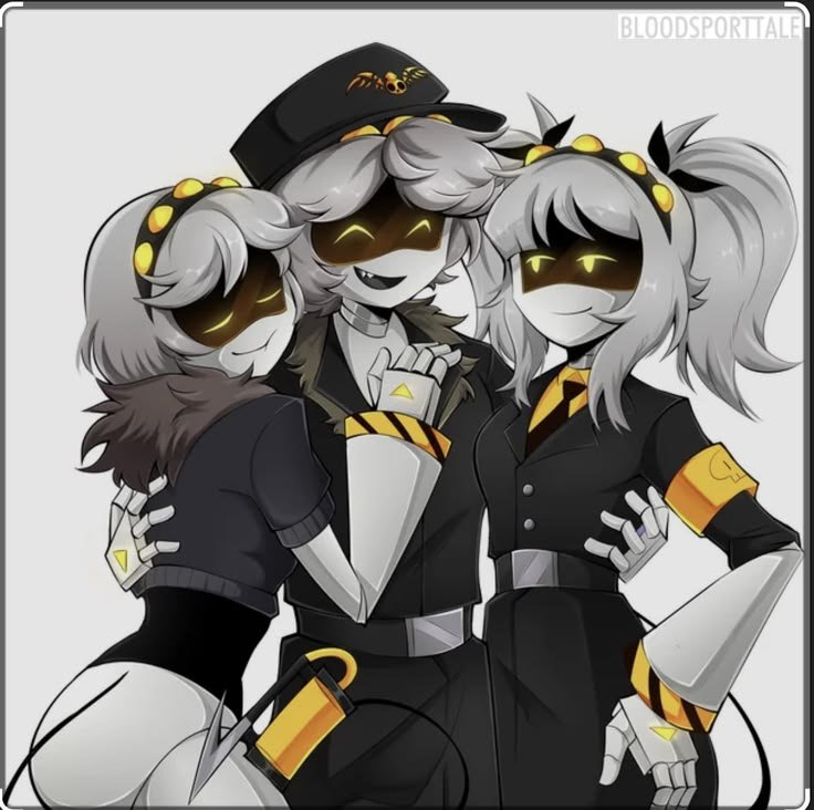 1boy, 2girls, glitch productions, j (murder drones), murder drones, n (murder drones), robot, robot humanoid, smiling, tagme (artist), v (murder drones), white background