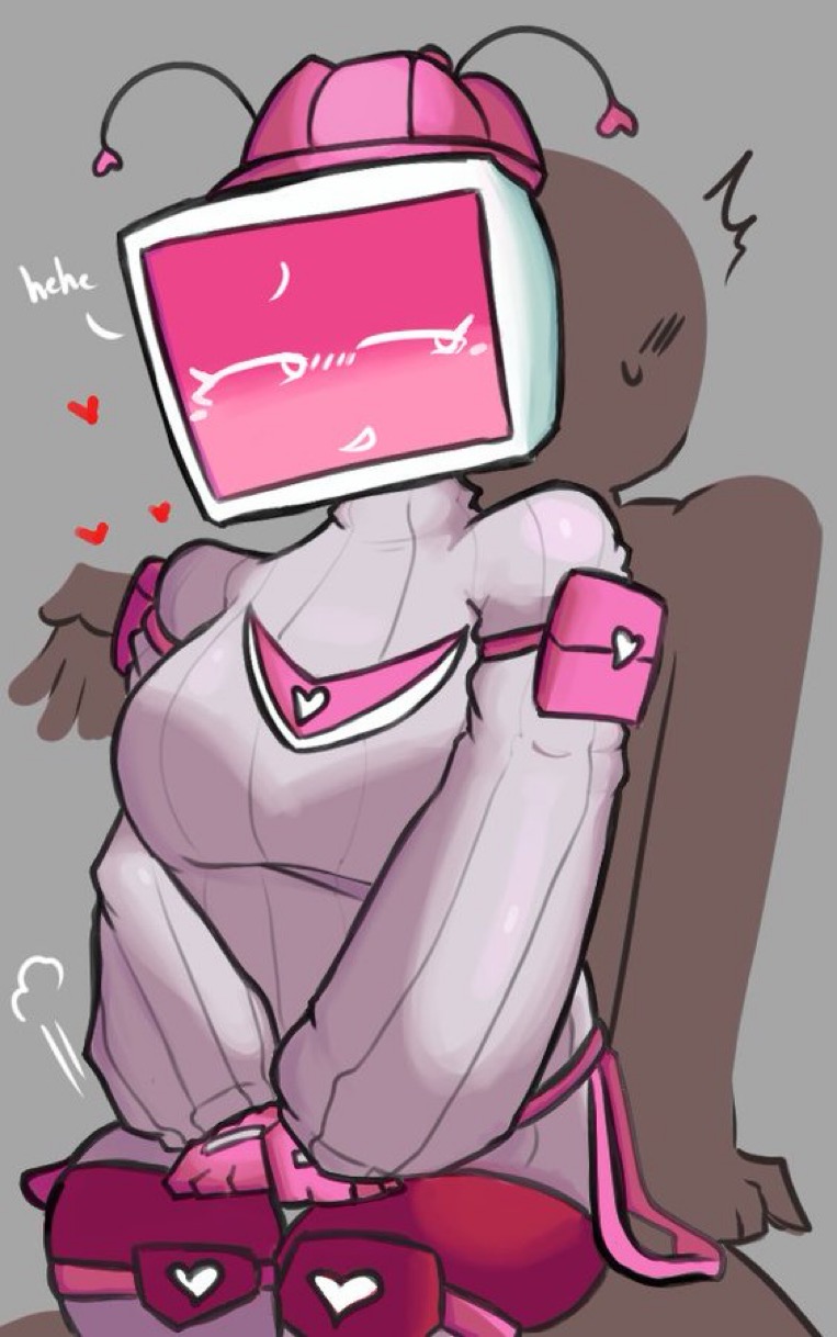 1girl, 1girls, 2d, 2d (artwork), big breasts, blushing, clothed, clothing, dark skin, forsaken (roblox), heart, heart symbol, lovebug veeronica, roblox, roblox game, robloxian, sitting on another, sitting on lap, tagme (artist), tv head, veeronica, white sweater