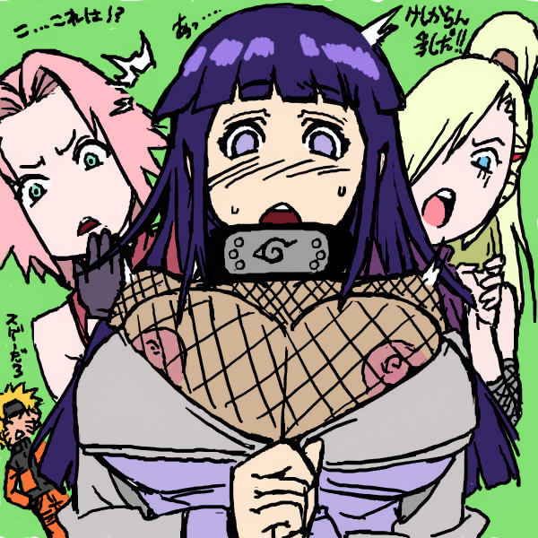 1boy, 3girls, big breasts, breast awe, breast envy, breast expansion, breast growth, breast growth (enlargement), breasts, color, exposed breasts, female, female focus, fishnets, hyuuga hinata, ino yamanaka, konakona, male, multiple females, multiple girls, naruto, naruto (series), naruto shippuden, nipples, sakura haruno, surprised, text, uncensored, uzumaki naruto