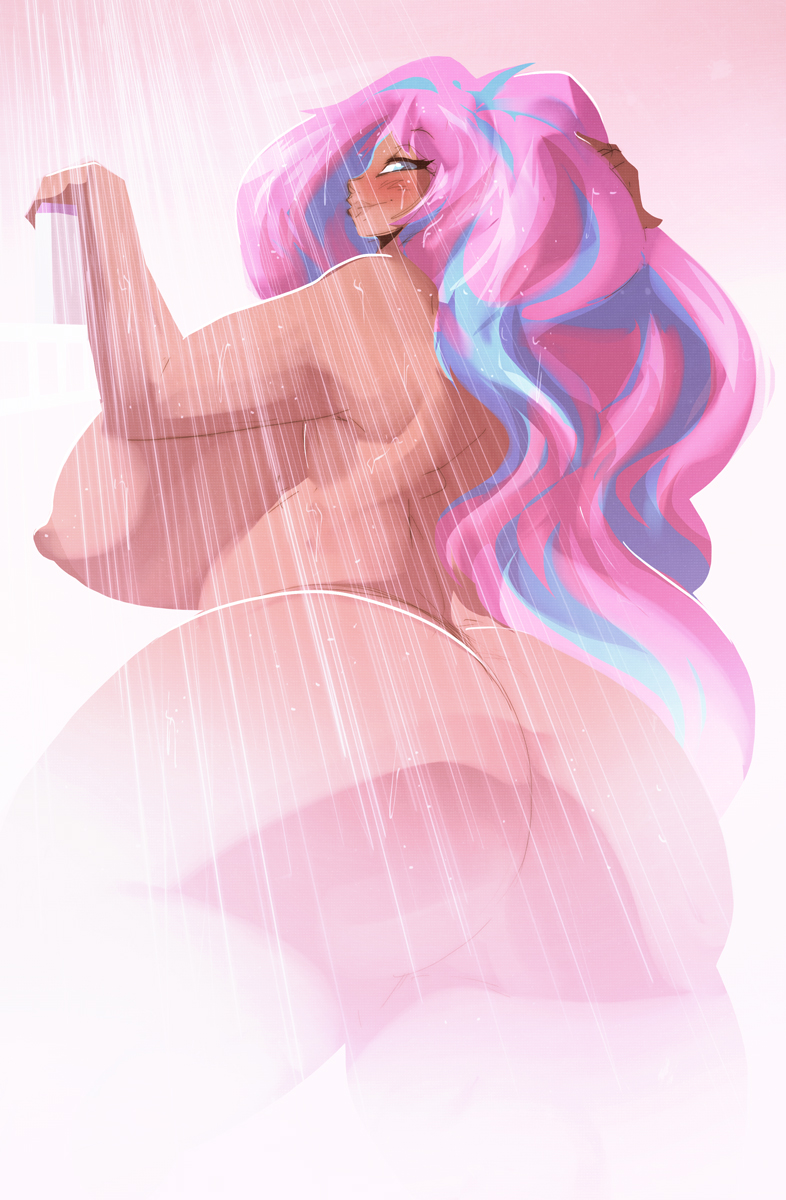 ass, big ass, big breasts, breasts, dark skin, female, looking back, ming-ming yúan, multicolored hair, nintendo, nude, pokemon, pokemon trainer, riendonut, shower, sideboob, steam, thick thighs, wide hips
