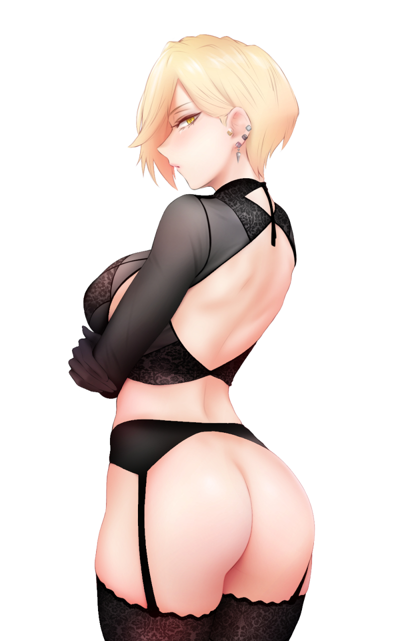 1girls, 2d, ass, ass focus, big ass, big breasts, big butt, black lingerie, blonde hair, breasts, female, female only, garter belt, garter straps, light skin, light-skinned female, lingerie, looking at viewer, medium breasts, my hero academia, no panties, pale skin, pale-skinned female, piercing, piercings, ryuukyuu, shpo, simple background, solo, tatsuma ryuuko, yellow eyes