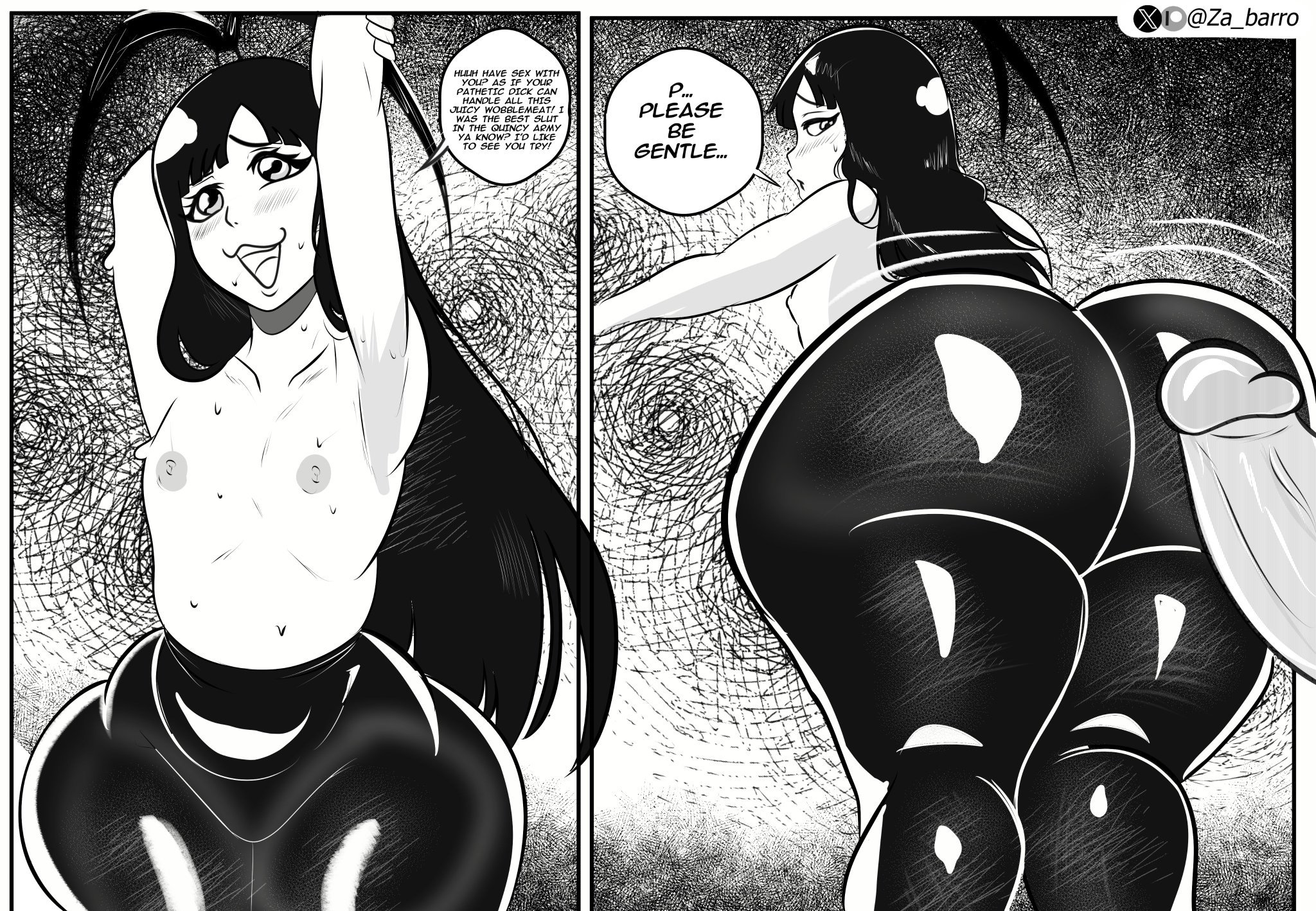 antenna hair, big ass, bleach, bleach: the thousand-year blood war, blushing, femboy, giselle gewelle, inminent sex, long hair, looking back, male, male only, monochrome, penis, pov, quincy bitch, small breasts, sweating, taunting, trans woman, transfem, za barro