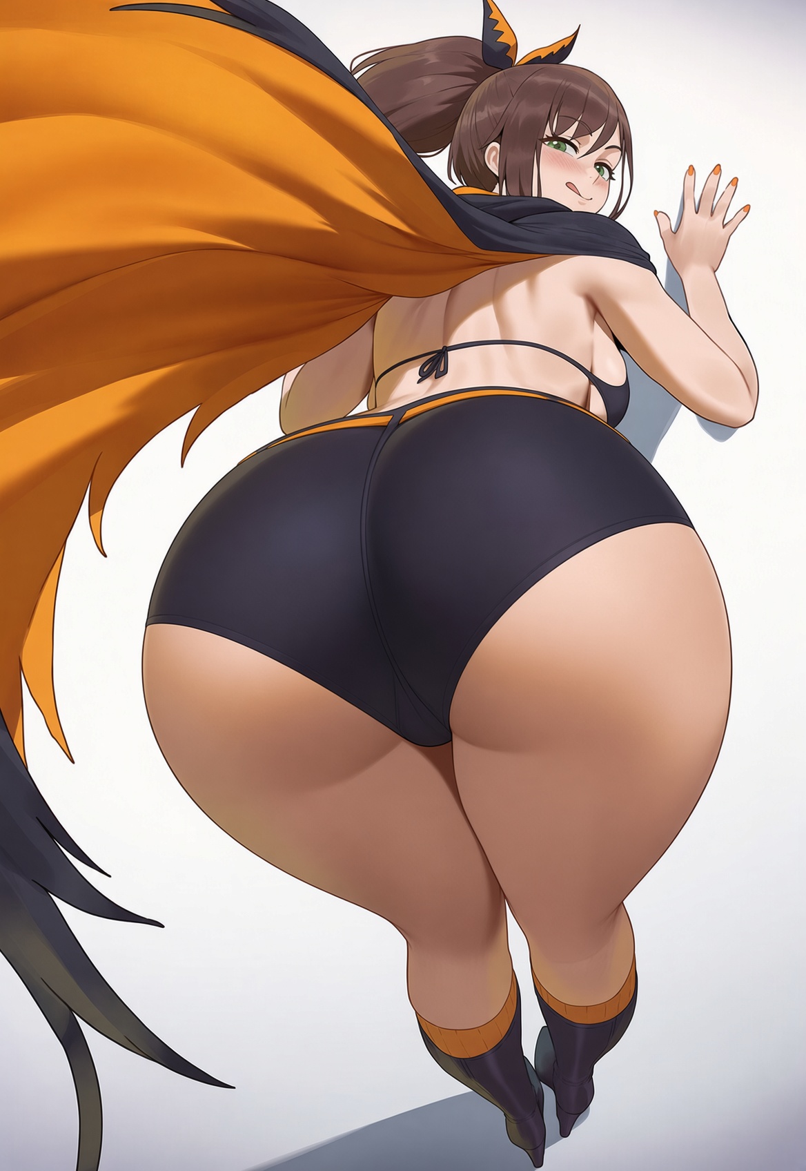 1girls, against wall, ai generated, ass focus, back view, big ass, big breasts, bikini, blush, boots, brown hair, busty, butt, cape, closed mouth, come hither, curvy, fat ass, female, female only, green eyes, hi res, hips, large breasts, licking lips, light skin, looking at viewer, looking back, maxelartdesign, naughty face, painted nails, ponytail, pose, re:zero kara hajimeru isekai seikatsu, rear view, shaula (re:zero), shorts, smile, solo, standing, thighs, tongue out, white background