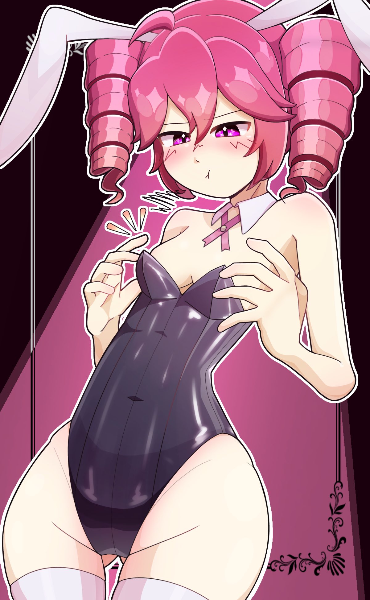 1girls, 2d, 2d (artwork), armpits, arms behind back, arms up, artist request, ass visible through thighs, blush, blush lines, blushing, blushing female, bow, breasts, bunny ears, bunny girl, bunnysuit, cleavage, ecstasy, ecstatic, embarrassed, embarrassed female, euphoric, fang, fangs, female, female only, flesh fang, gloves, horny, horny female, kasane teto, kneeling, leotard, looking at own breasts, looking down, low-angle view, midriff, navel, navel visible through clothes, neck ribbon, open mouth, partially visible vulva, petite, petite body, petite female, playboy bunny, red eyes, red hair, ribbon, simple background, skinny, skinny female, slim girl, slim waist, small breasts, solo, solo female, spread legs, tail, thigh gap, thighhighs, thighs, tight clothing, twin drills, utau, white background