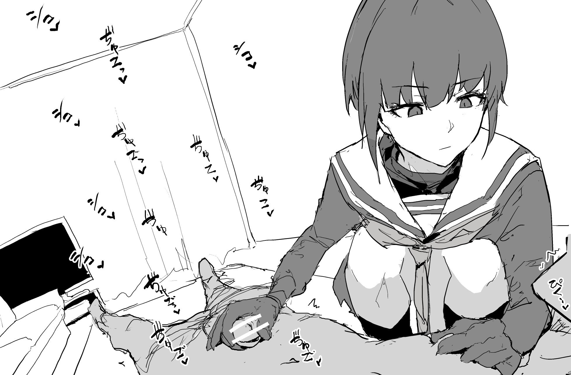 1boy, 1girls, expressionless, eyebrows visible through hair, female, femdom, gloved handjob, gloves, handjob, highres, idolmaster, indoors, looking at partner, male, nipple play, oosawara sadao, penis, room, screen, shirayuki chiyo, small penis, tv, tv screen