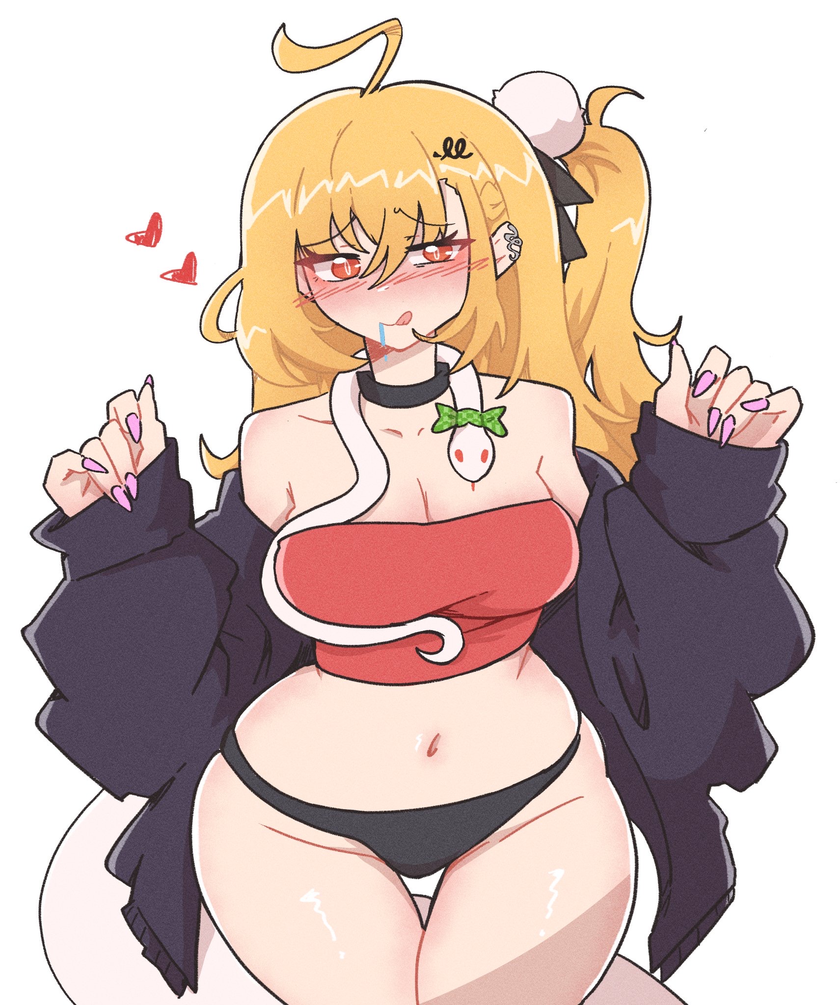 1girls, breasts, cissia (zenless zone zero), colored nails, daichidraw, female, female focus, female only, large breasts, light skin, light-skinned female, long nails, looking at viewer, painted nails, pink nails, snake girl, solo, thick thighs, thighs, white background, wide hips, zenless zone zero