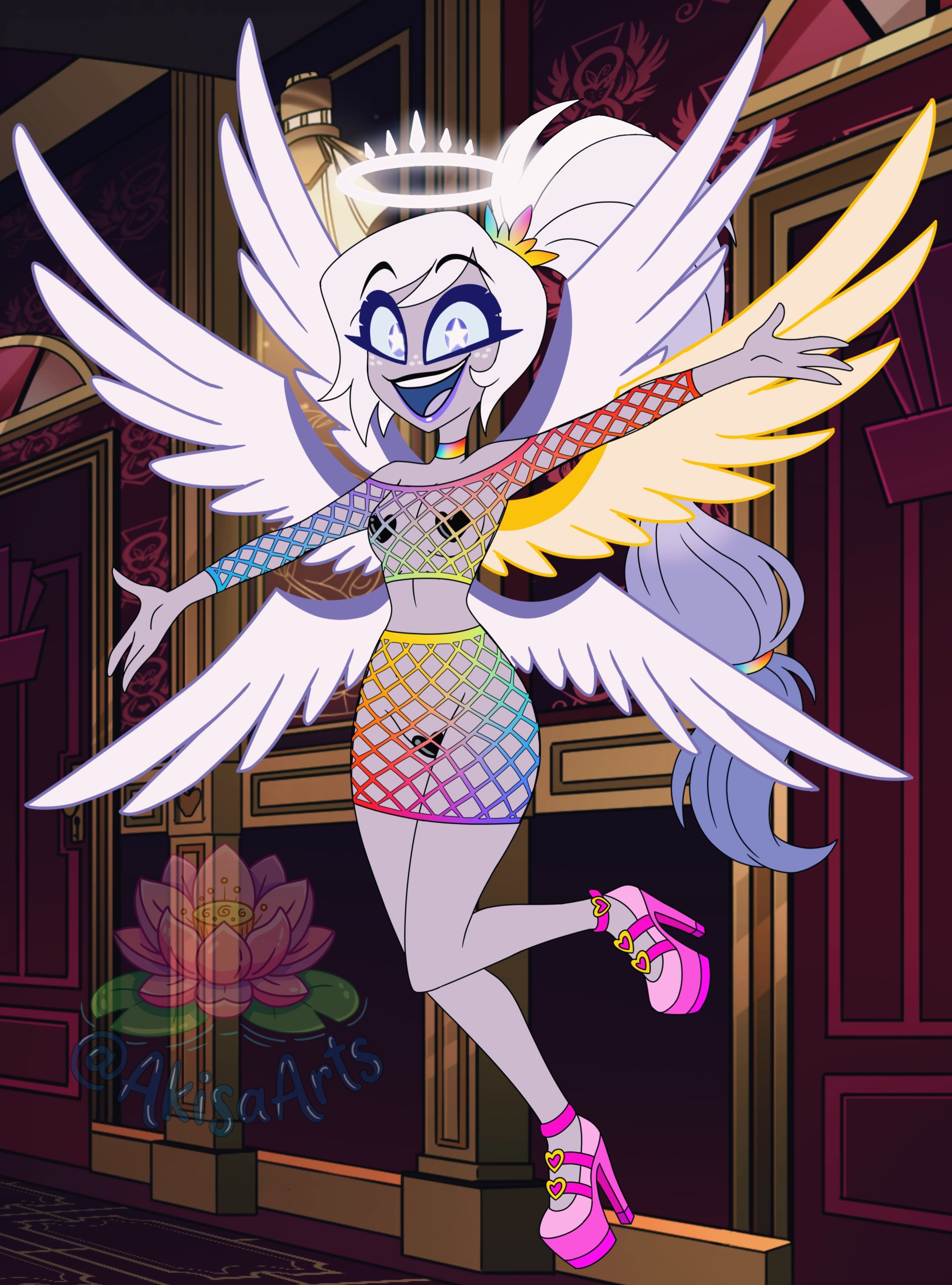 angel, angel wings, emily (hazbin hotel), fishnet clothing, halo, hazbin hotel, heart pasties, nipple pasties, pasties, pussy pasties, stripper clothes, tagme (artist)