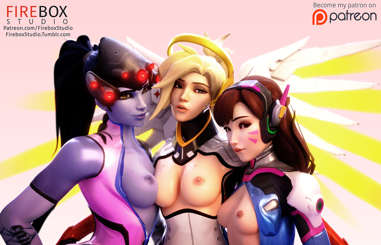 3d, adapted costume, amelie lacroix, angela ziegler, blonde hair, breast cutout, breasts, brown hair, d.va, erotic costume, exposed breasts, female, female only, fireboxstudio, hana song, mercy, overwatch, threesome, topless female, widowmaker, wings, yuri