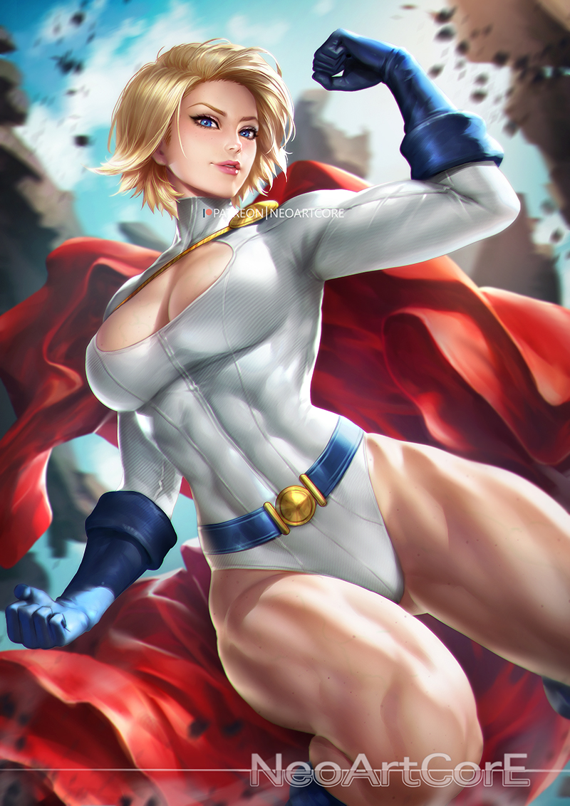 1girls, abs, big breasts, blonde hair, blue eyes, blue gloves, breasts, cleavage, clothed, clothing, dc, dc comics, female, female only, gloves, human, karen starr, large breasts, looking at viewer, muscles, muscular, muscular female, neoartcore, pinup, power girl, signature, solo, superman (series), text, thighs, watermark