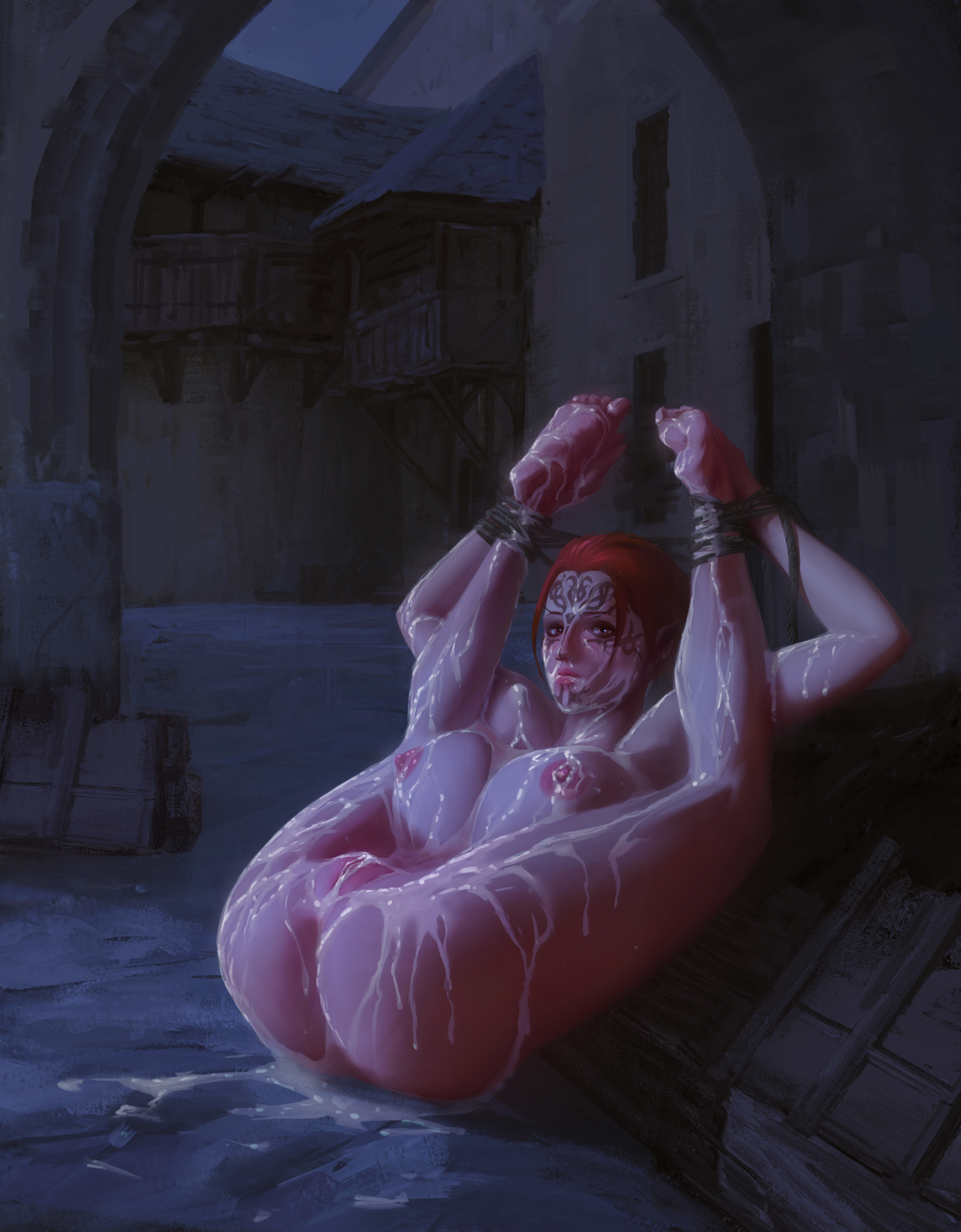 1girls, 2d, after rape, after sex, ass, big breasts, bondage, breasts, cum, cum everywhere, cum on ass, cum on breasts, cum on face, dalish elf, dragon age, dragon age origins, elf, elf ears, female, female only, grey warden, jefnightly, nipples, pussy, red hair, solo, solo female, tied up