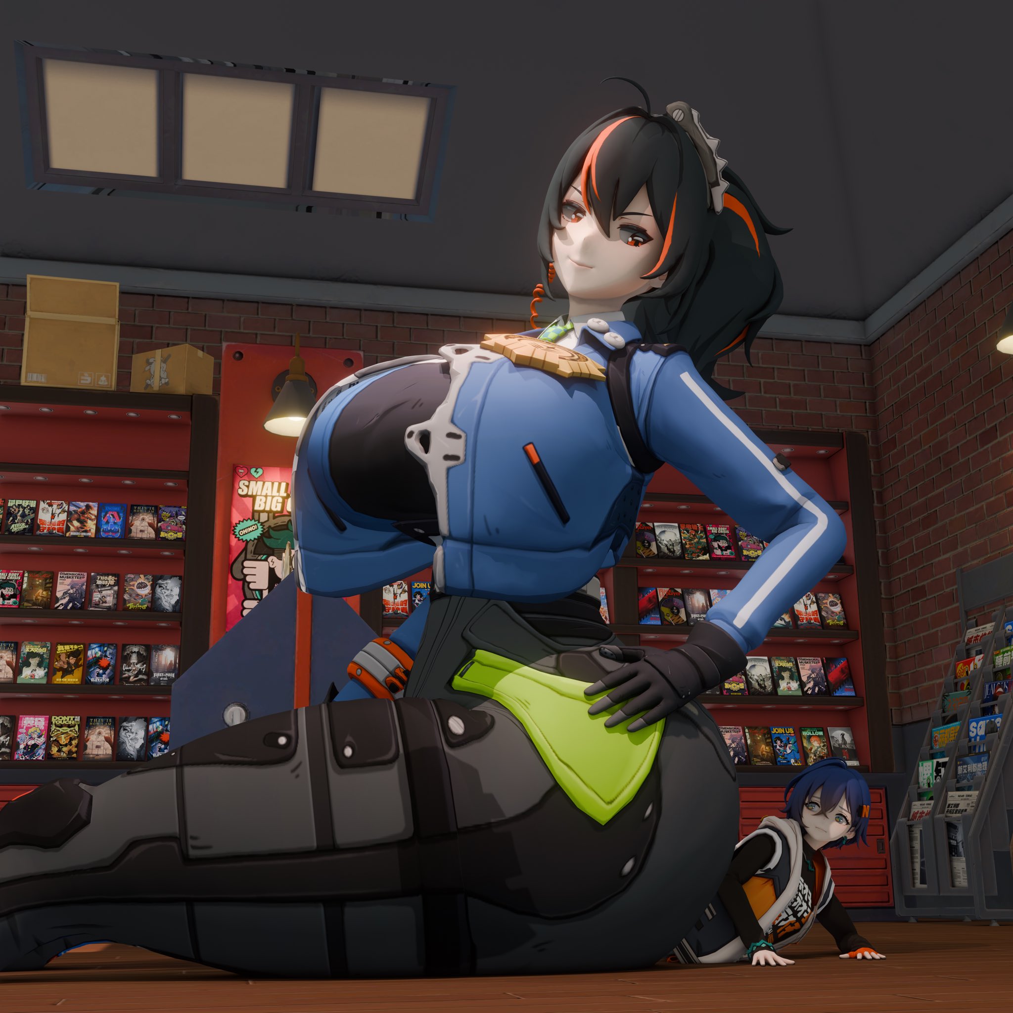 belle (zenless zone zero), breast expansion, breast growth, breast growth (enlargement), breasts, decodec, expansion, female, giantess, huge breasts, larger female, sitting on person, size difference, size fetish, smaller female, thick thighs, zenless zone zero, zhu yuan