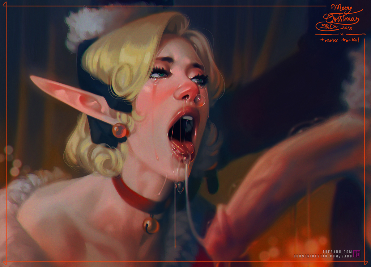 1boy, 1girls, after fellatio, after oral, bell, blonde hair, choker, christmas, cum bubble, cum on tongue, cum out nose, earring, elf, elf ears, elf female, elf girl, erection, fae, female, fey, hand on head, male, open mouth, penis, pointed ears, pointy ears, rape, sabudenego, santa claus, straight, tears, tongue, tongue out