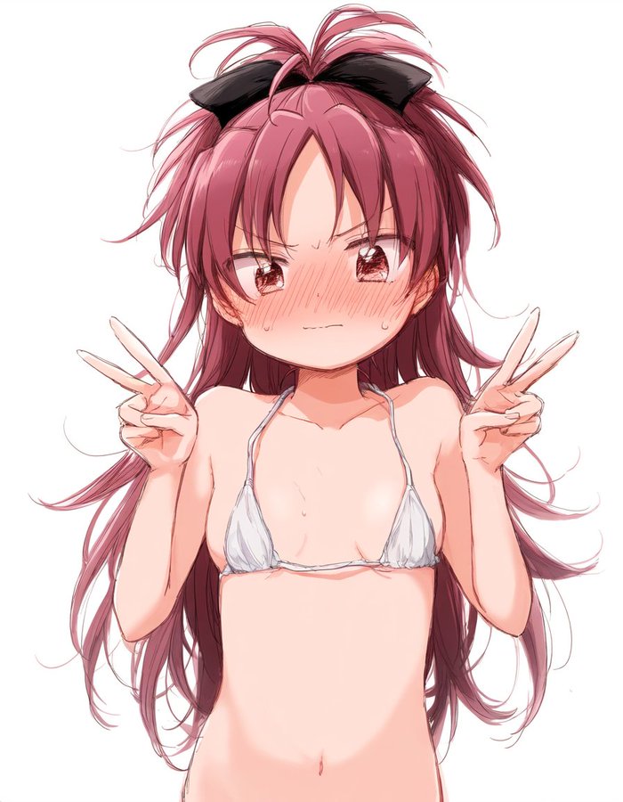 1girls ai_generated bikini blush blush_lines blushing female female_only human human_only kwg long_hair looking_at_viewer mahou_shoujo_madoka_magica nervous nervous_smile not_furry peace_sign red_eyes red_hair sakura_kyouko simple_background small_breasts small_top solo solo_female solo_focus top_half