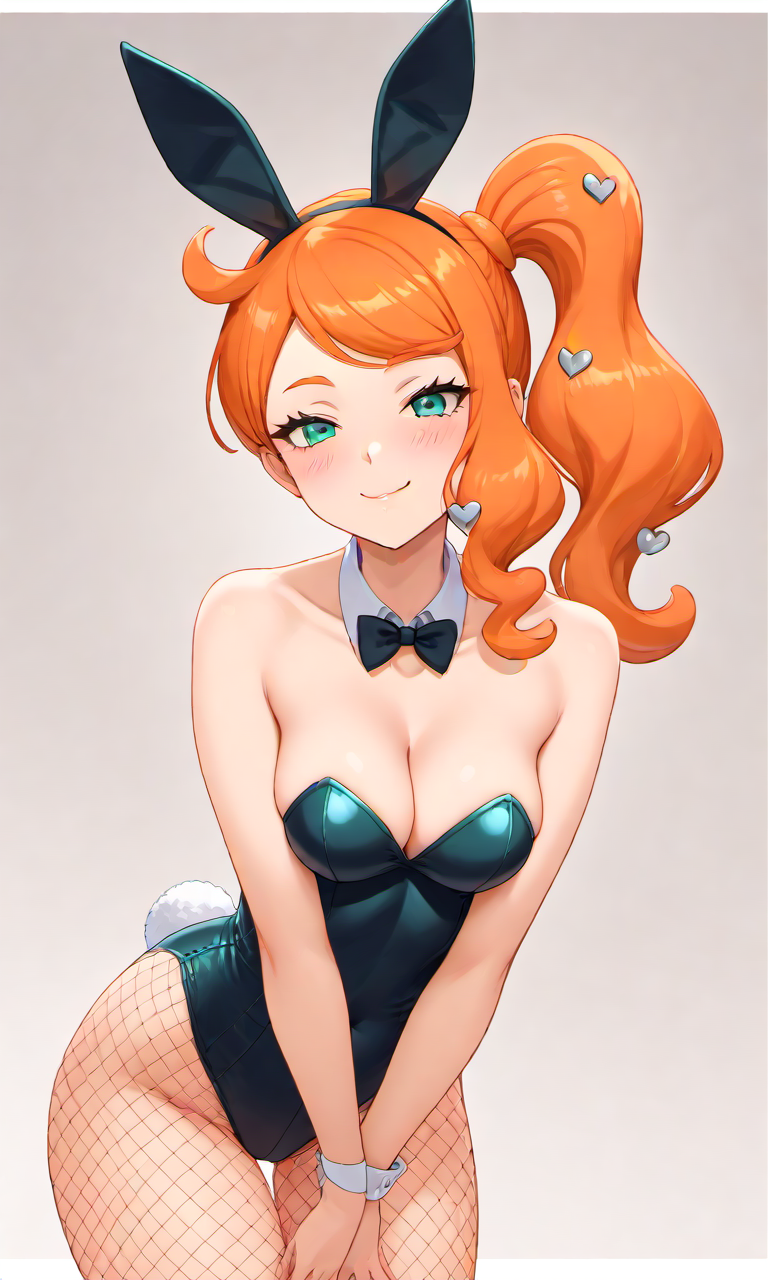 1female 1girl 1girls ai_generated aqua_eyes blush bowtie bunny_ears bunny_girl bunnysuit cleavage detached_collar female female_focus female_only fishnets green_eyes kslgsnb leaning_forward orange_hair pixai playboy_bunny pokemon pokemon_ss ponytail seductive seductive_eyes seductive_look seductive_smile self_upload side_ponytail sleeveless solo solo_female sonia_(pokemon) thighs wrist_cuffs