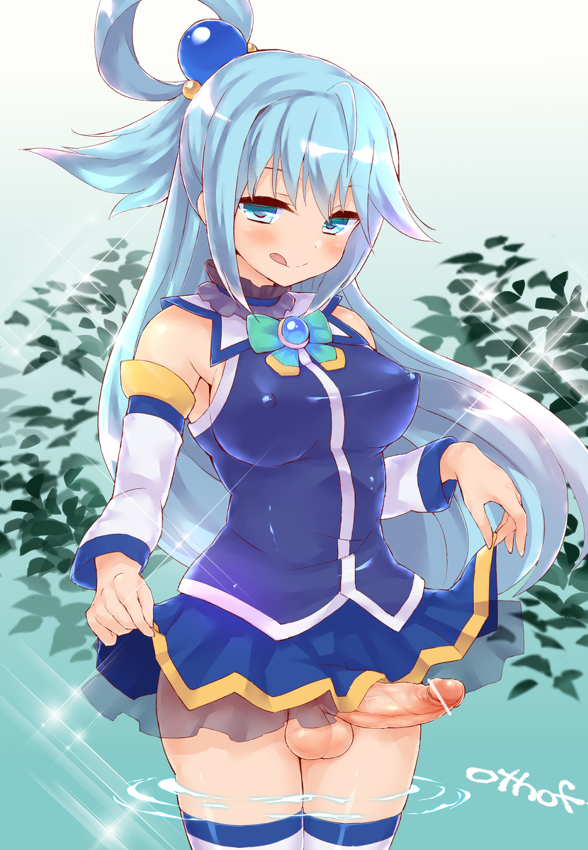 1futa, aqua (konosuba), balls, blue eyes, blue hair, blush, censored, futa only, futanari, highres, intersex, kono subarashii sekai ni shukufuku wo!, long hair, looking at viewer, misfit funny, nipples, penis, skirt, skirt lift, smile, solo, testicles, tongue, tongue out
