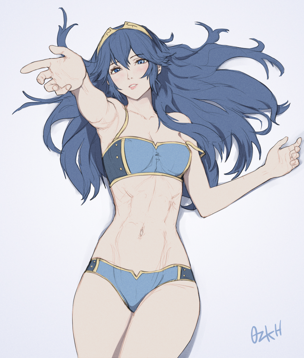 1girls, blue eyes, blue hair, blue panties, blush, bra, breasts, cleavage, collarbone, cowboy shot, eyebrows visible through hair, female, female only, fire emblem, fire emblem awakening, hair between eyes, light blush, long hair, looking at viewer, lucina (fire emblem), navel, nintendo, outstretched arm, ozkh, panties, parted lips, reaching out, smile, solo, solo female, stomach, strap slip, tiara, toned, underwear