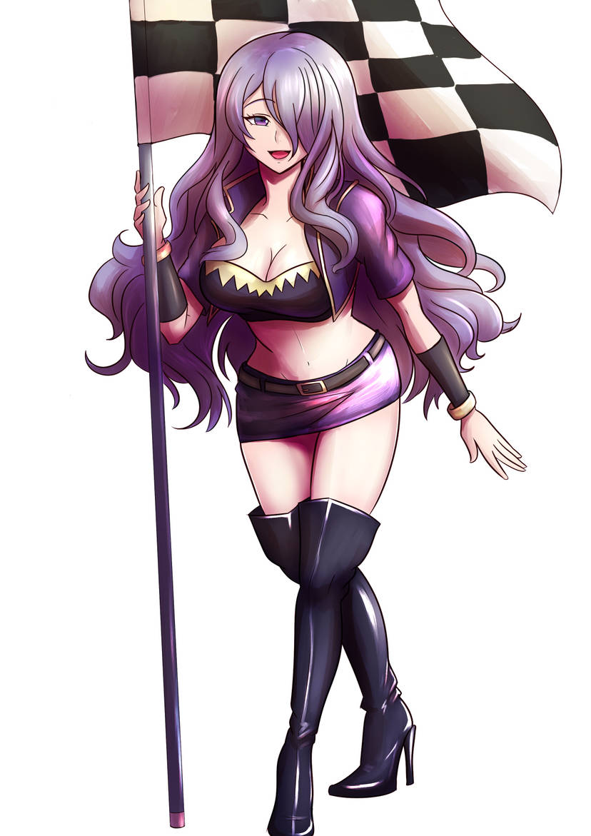 1girls belt beltskirt big_breasts black_crop_top bracelet breasts camilla_(fire_emblem) checkered_flag crop_top fire_emblem fire_emblem_fates flag hair_over_one_eye high_heel_boots high_heels large_breasts long_hair looking_at_viewer midriff miniskirt navel nintendo purple_eyes purple_hair purple_skirt purple_vest race_queen skirt thighhigh_boots vest willanator