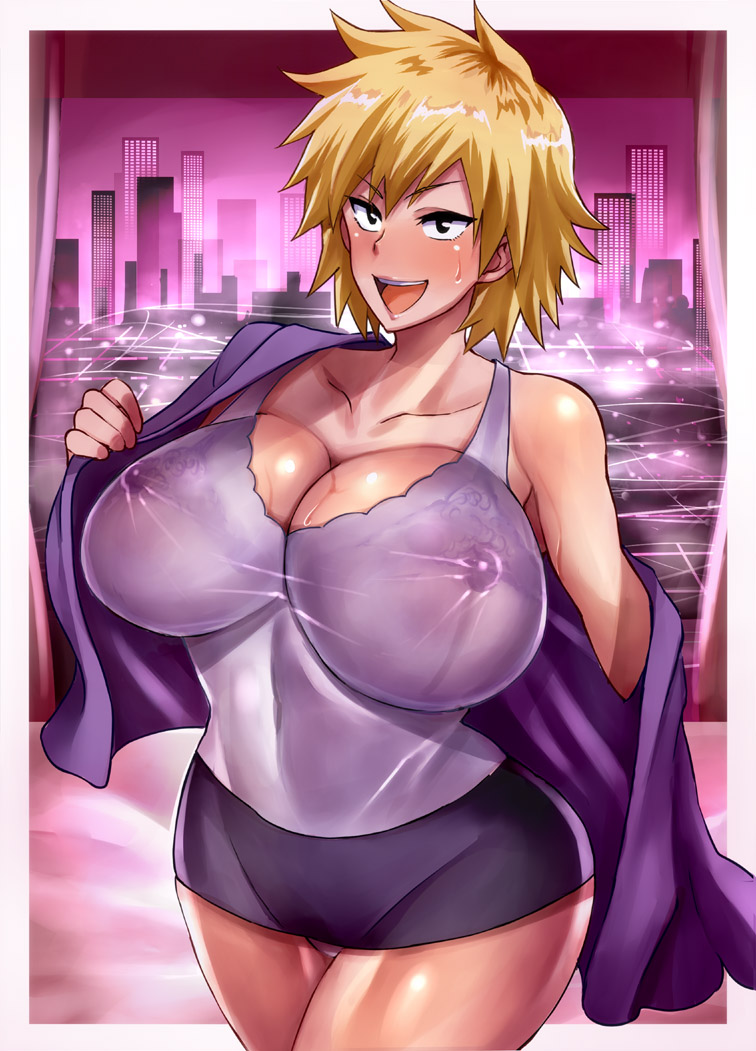 1girls, bed, belly, black eyes, blonde hair, breasts, cleavage, clothed, clothes, female, female only, haikawa hemlen, huge breasts, human, milf, mitsuki bakugou, mother, my hero academia, navel, see-through, shirt, short hair, skirt, smile, sweat, thick thighs, wide hips