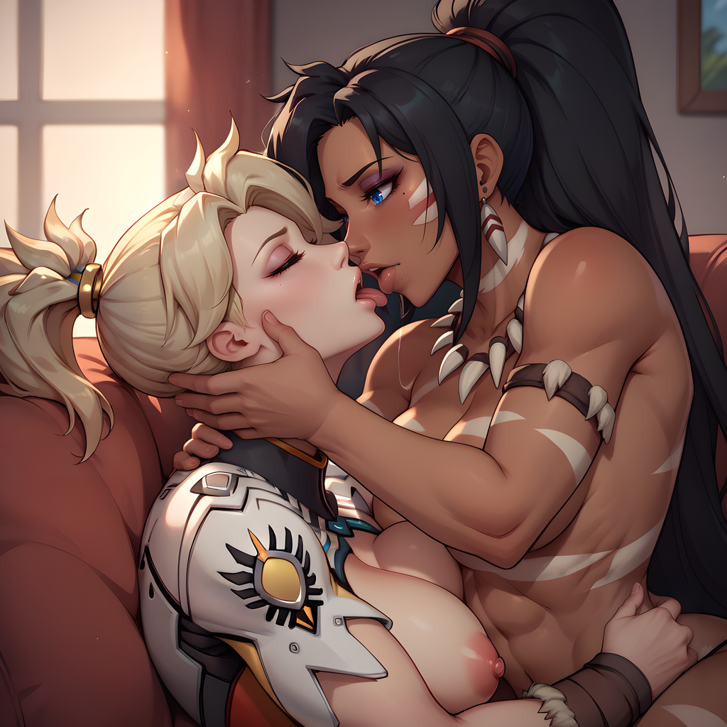 ai_generated apartment crossover dark-skinned_female eogard_orc kissing league_of_legends lesbian_kiss mercy nidalee on_couch overwatch tribal yuri