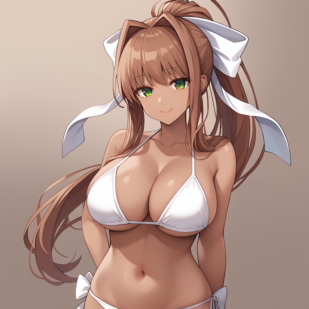 ai_generated arms_behind_back breasts cleavage doki_doki_literature_club female female_only large_breasts monika_(doki_doki_literature_club) nai_diffusion navel slippyai smile solo stable_diffusion swimsuit white_bow