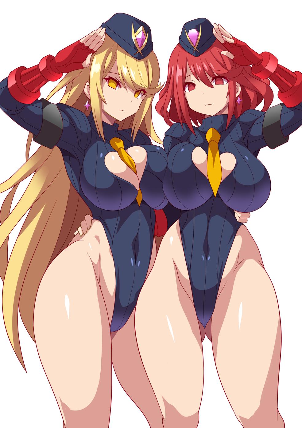 2girls alternate_costume anime_style bangs big_breasts black_clothes blonde_hair breasts cammy_white cammy_white_(cosplay) cleavage cleavage_cutout cosplay curvaceous curvy earrings empty_eyes enemy_conversion eyes_visible_through_hair female female_only fingerless_gloves frown gloves gluteal_fold heart_cutout highres jewelry konno_tohiro large_breasts leotard long_hair looking_at_viewer multiple_girls mythra necktie nintendo pose pyra red_eyes red_hair salute shadaloo_dolls shiny shiny_clothes shiny_hair shiny_skin short_hair smile street_fighter swept_bangs tareme thick_thighs thighhighs thighs tsurime very_long_hair wide_hips xenoblade_(series) xenoblade_chronicles_2 yellow_eyes