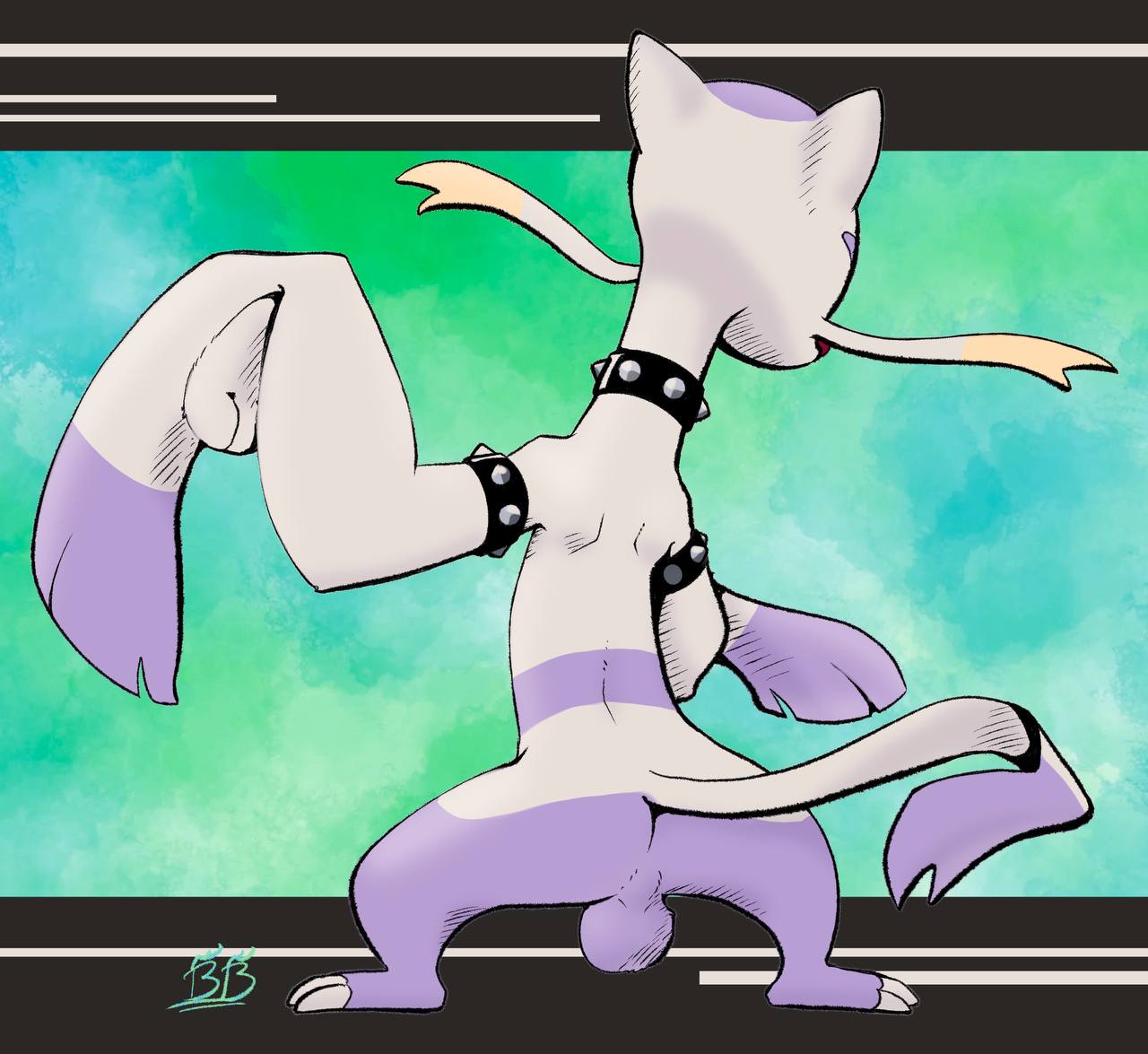 anthro ass backsack balls bedtime_buck collar digital_media_(artwork) fur generation_5_pokemon genitals male mammal mienshao nintendo nude nude_anthro nude_male pokemon pokemon_(species) purple_body purple_fur rear_view simple_background solo studded_collar studs tail whiskers