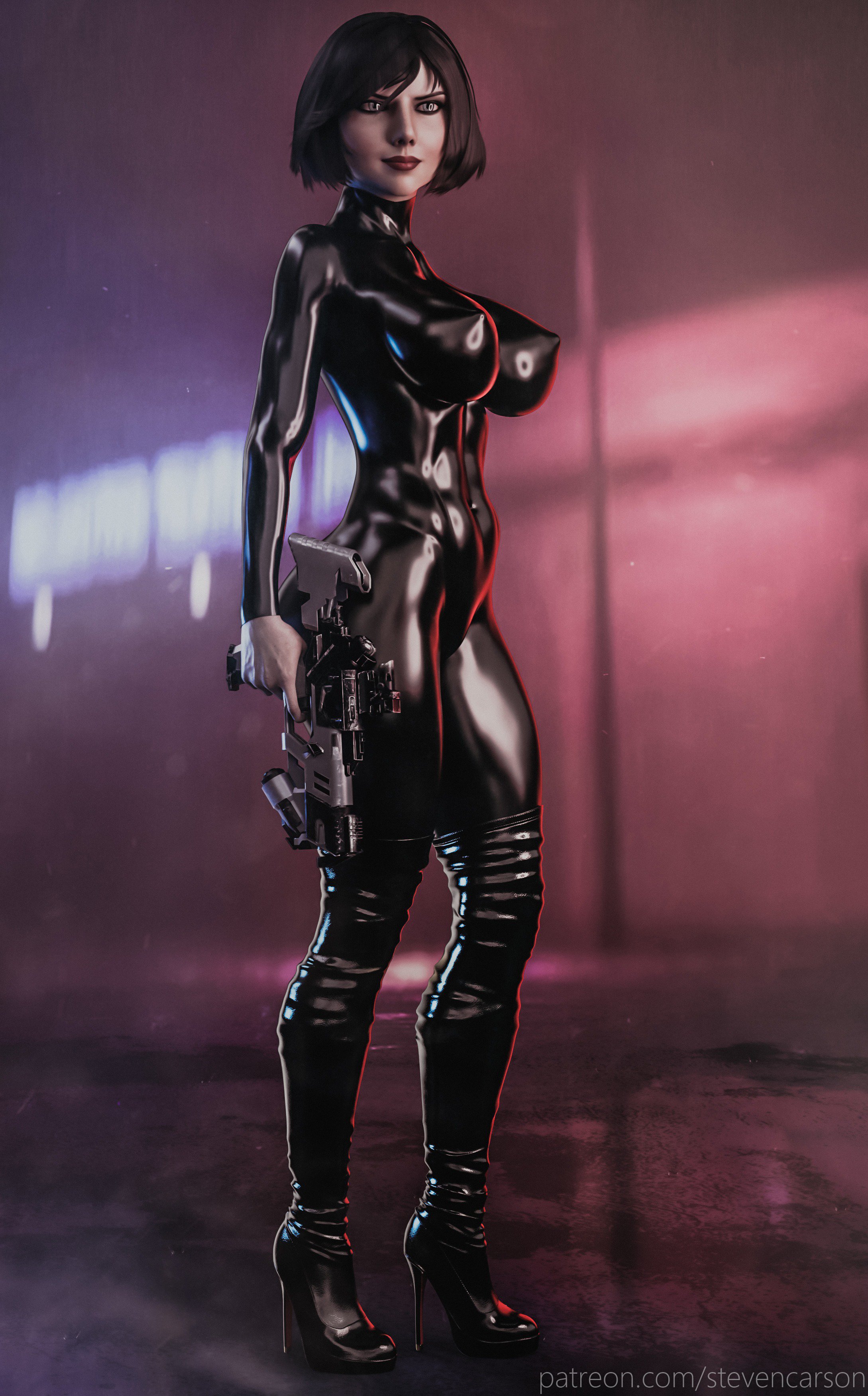3d, big breasts, bimbo, bioshock, bioshock infinite, bodysuit, boots, breasts, casual, catsuit, cleavage, elizabeth comstock, female, female only, firearm, handgun, high heel boots, high heels, human, large breasts, latex, latex boots, latex suit, pale skin, solo, stevencarson, weapon