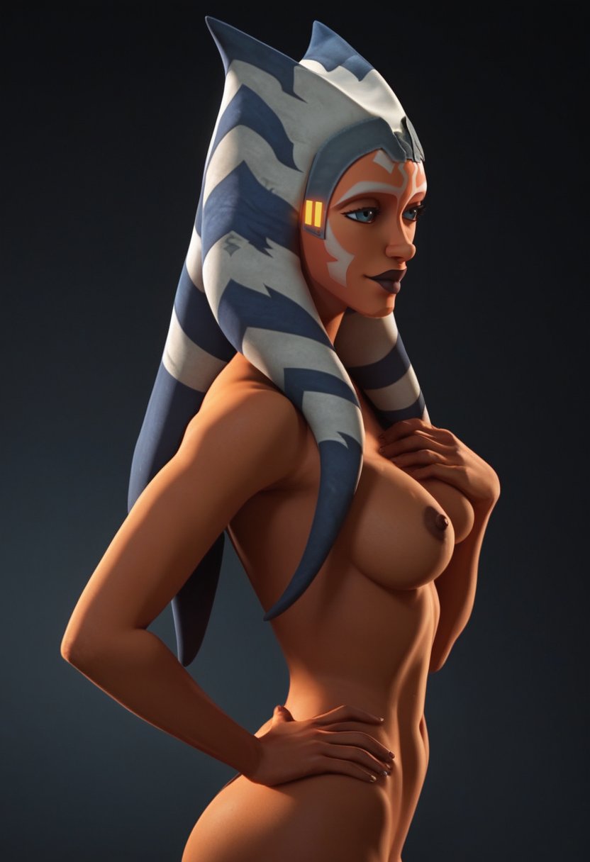 1girls, ahsoka tano, ai generated, areolae, bare arms, bare breasts, breasts, clone wars, duchess eugene, female, female only, from side, naked, naked female, nipples, nude, nude female, solo, stable diffusion, standing, star wars, tagme