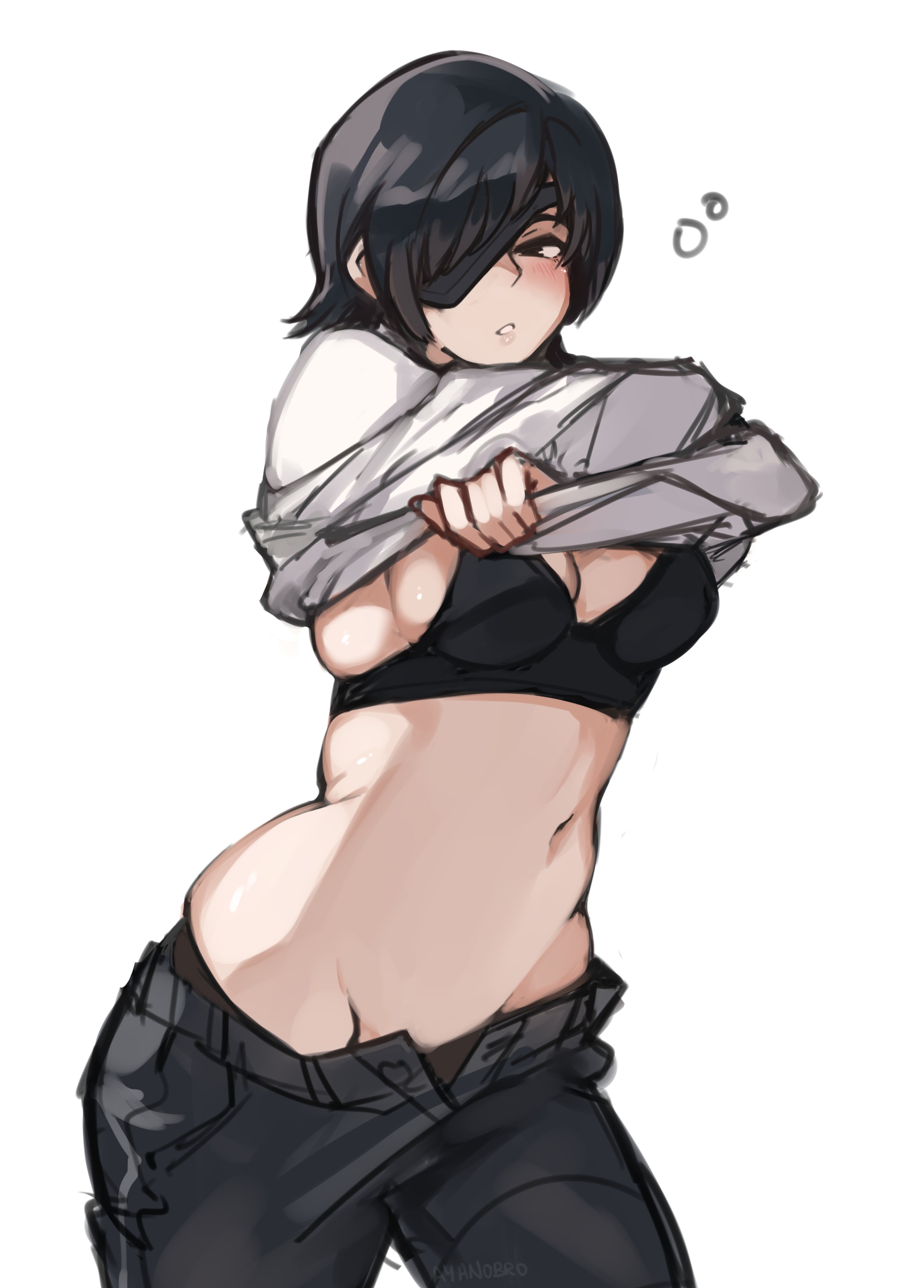ayanobro, big breasts, bra, breasts, chainsaw man, cleavage, female, female only, himeno (chainsaw man), light skin, light-skinned female, navel, shirt up, short hair, sideboob, taking clothes off, thick thighs, underwear, undressing