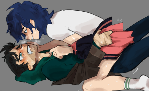 2boys biting_lip black_hair blue_hair blush blush_lines disventure_camp heavy_breathing jacob_hamilton jake_(disventure_camp) on_lap puckered_lips scar scar_on_face shy sweating thomas_reed tom_(disventure_camp)