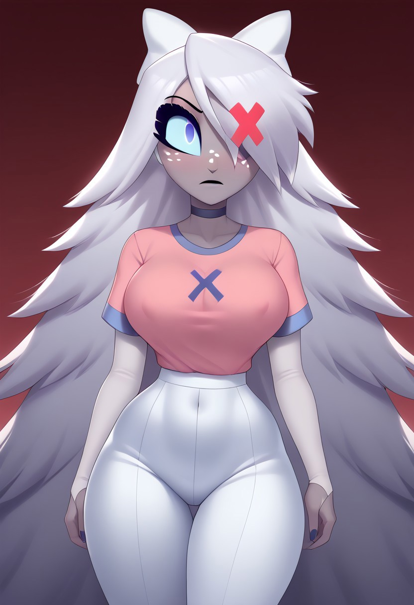 ai_generated big_ass big_breasts character_mashup clothed covered_erect_nipples emily_(hazbin_hotel) fusion fusion_character vaggie_(hazbin_hotel)