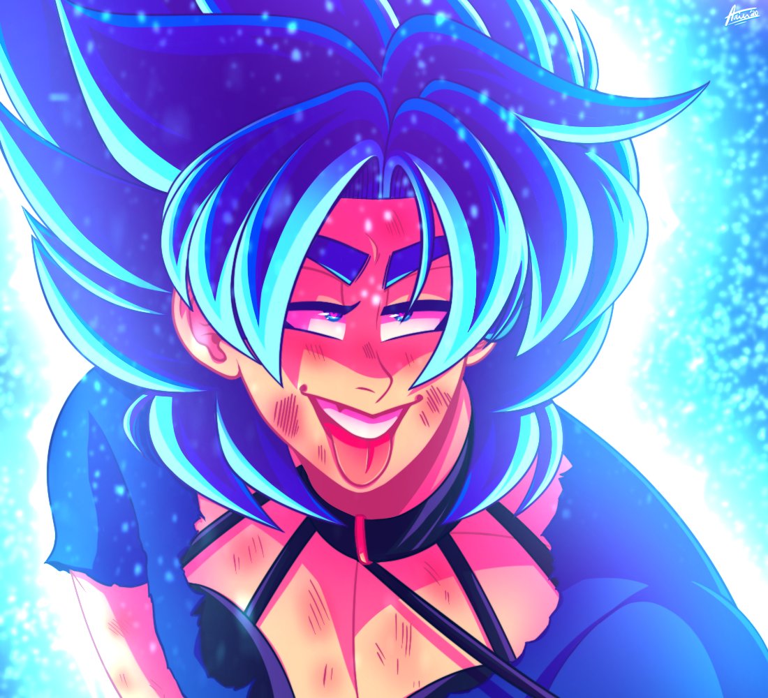 1boy bedroom_eyes blue_aura blue_eyes blue_hair dilf dragon_ball dragon_ball_super face_focus femboy femboy_dilf feminine_male gay heart_eyes jah_(artist) mouth_open seductive_look son_goku super_saiyan_blue tan_skin tongue_out tournament_of_power