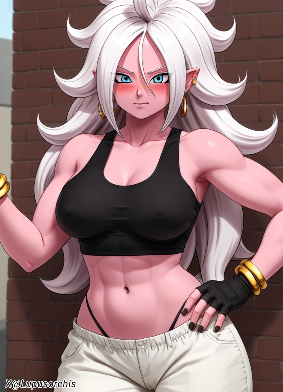 ai_generated android_21 belly black_gloves black_thong black_top blue_eyes buttons cute_face dragon_ball_fighterz gold_earrings loose_pants lupusorchis medium_breasts pink_skin thick_thighs thong visible_through_clothes white_hair