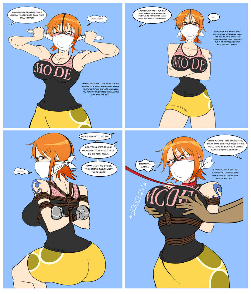 1girls arms_tied_behind_back ass black_tank_top bondage breasts brown_eyes collar comic english_text female gag gagged gagged_speech grabbing_breasts harness_gag large_breasts leash looking_at_viewer male maxenergy24 nami nami_(classic) nami_(one_piece) one_piece orange_hair over_the_nose_gag rope rope_between_breasts rope_bondage self_bondage short_hair skirt tank_top tape taped_hands tattoo tattooed_arm text text_bubble yellow_skirt