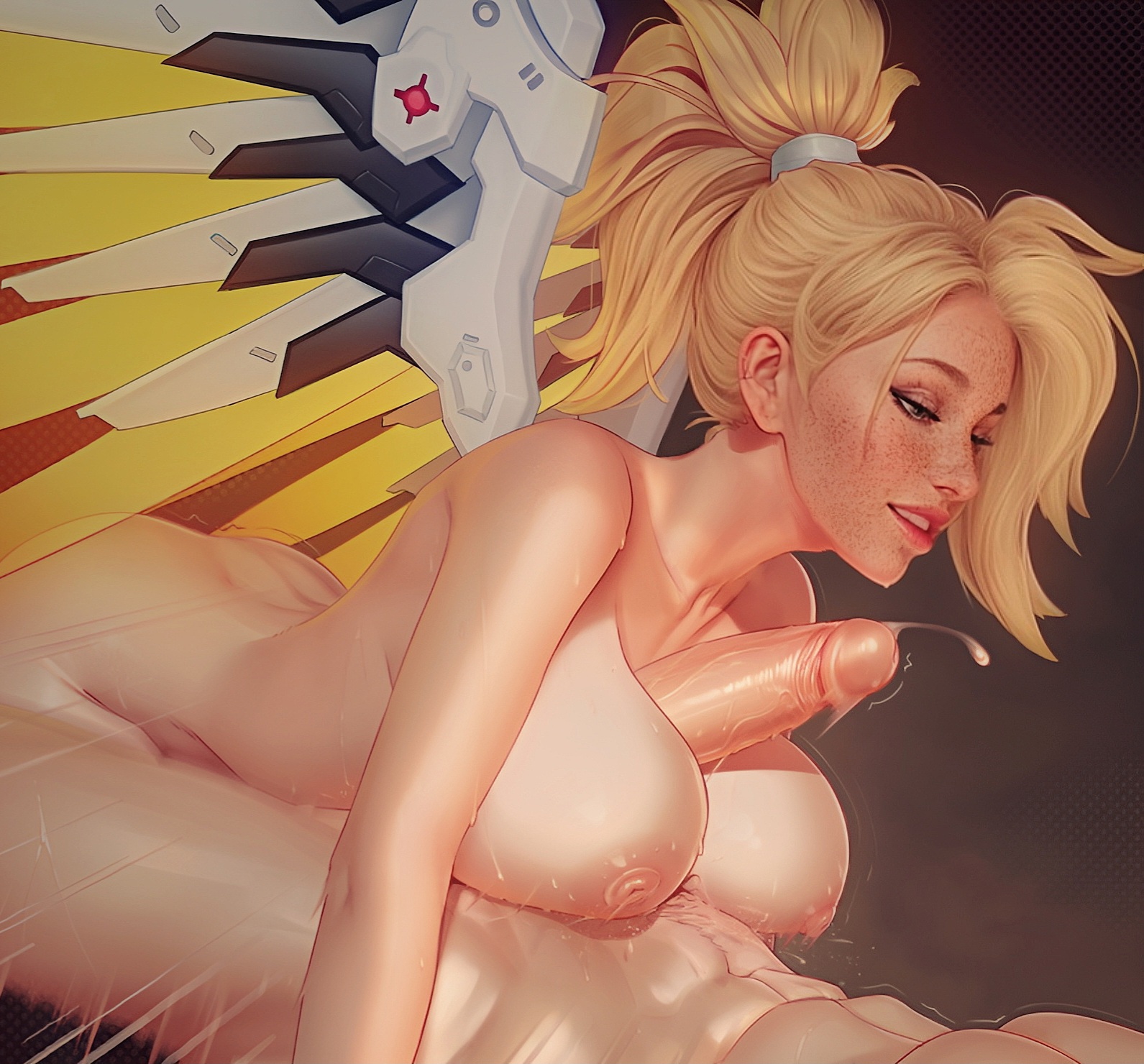 artist request, blonde hair, breasts, female, freckles, lustful gaze, male, mercy, overwatch, paizuri, tagme