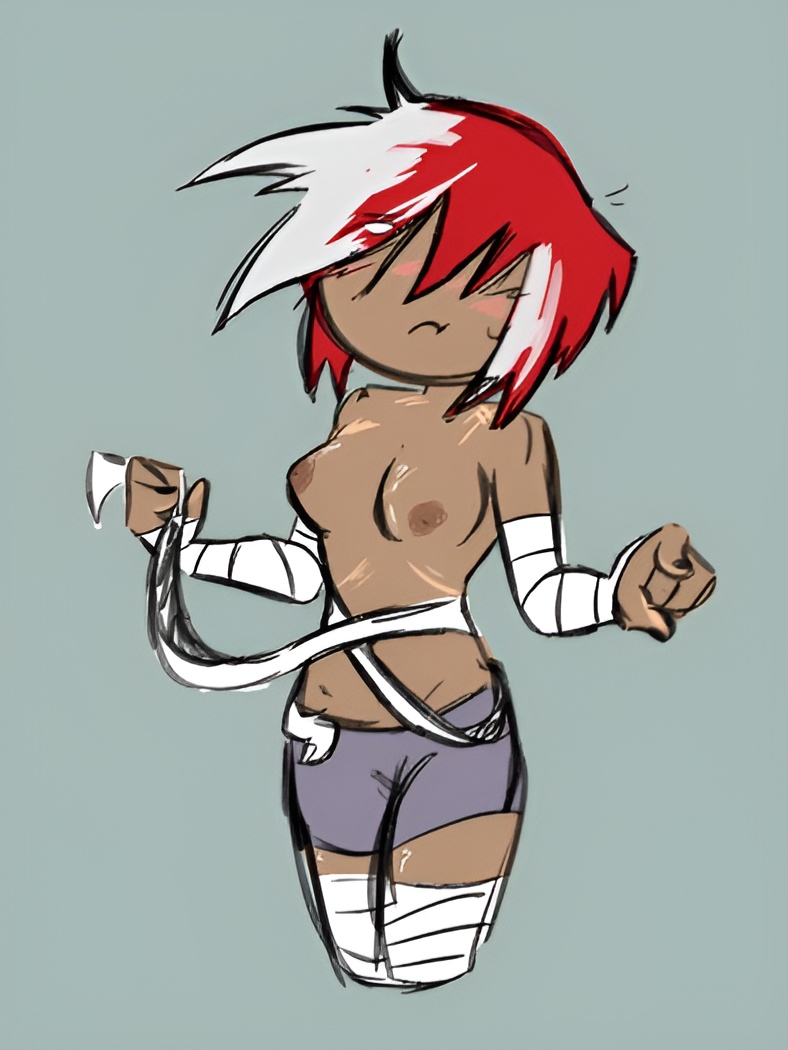 breasts color colored humanized object_shows oc red_and_white_hair silly_c0unt_(artist) solo tits_out topless