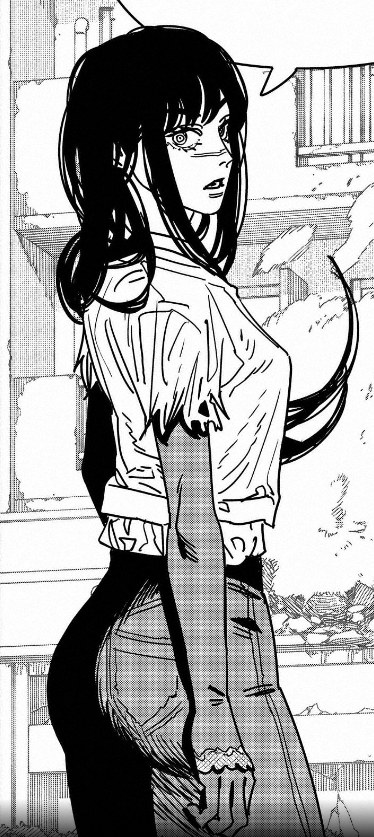 backshot big_ass big_butt black_hair black_hair_female black_pants chainsaw_man dressed female_focus female_only long_hair looking_back manga official_art scar_on_face tatsuki_fujimoto thick_ass thick_thighs white_shirt yoru_(chainsaw_man)