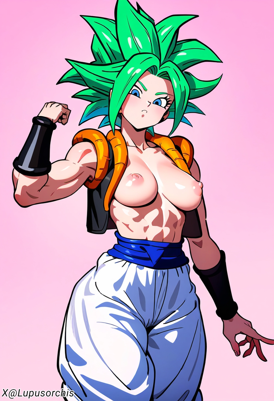 ? ai_generated black_bracelet blue_eyes blush boobs_out dragon_ball_super exposed_breasts exposed_torso fusion_suit green_eyes kefla lupusorchis metamorian_suit only_female pink_background thighs_together vest_only white_pants