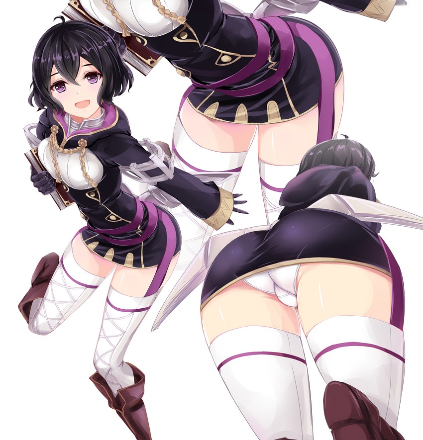 1girls ass ass_focus big_ass black_hair book female female_only fire_emblem fire_emblem_awakening minazuki_(jo) morgan_(fire_emblem) morgan_(fire_emblem)_(female) panties pantyshot solo thick_thighs thighhighs thighs white_background