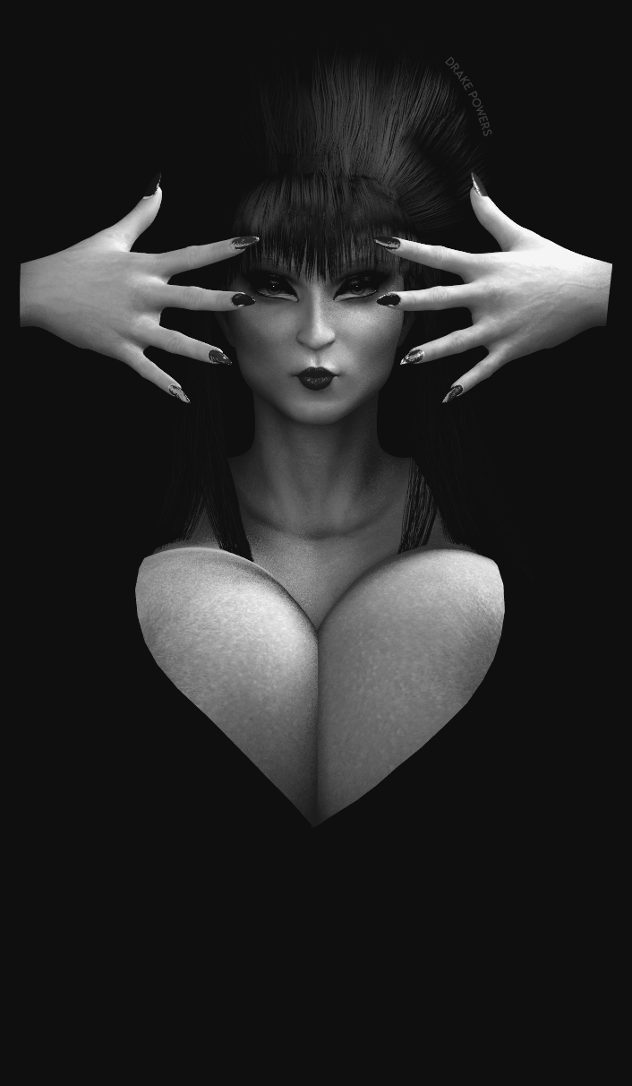 1girls big_breasts big_cleavage black_background black_hair breasts cleavage drakepowers elvira elvira:_mistress_of_the_dark female female_only goth halloween huge_breasts looking_at_viewer milf real_person solo virtamate